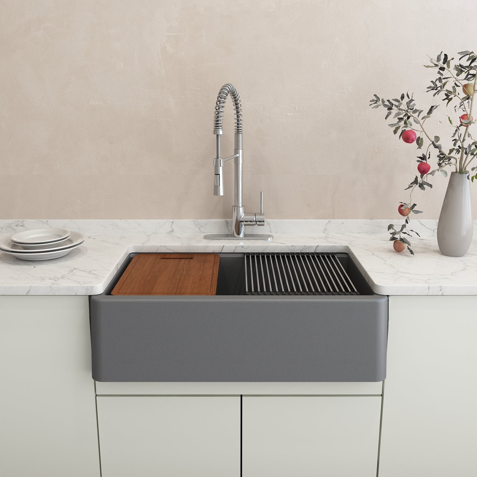 Arona Apron-Front 33 in. Single Bowl Granite Composite Kitchen Sink with Integrated Workstation and Accessories 1600