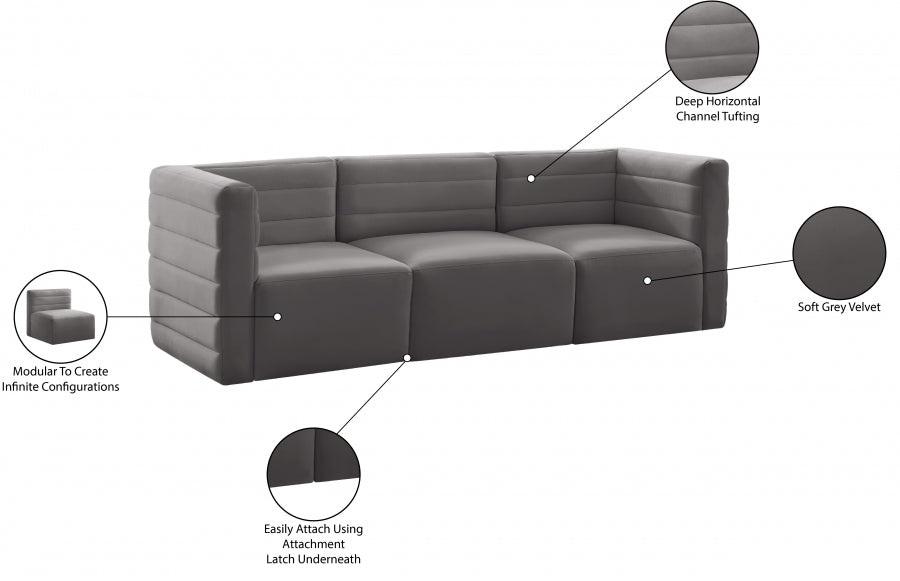 Quincy 95" Velvet Upholstered Comfort 3pc. Modular Sofa