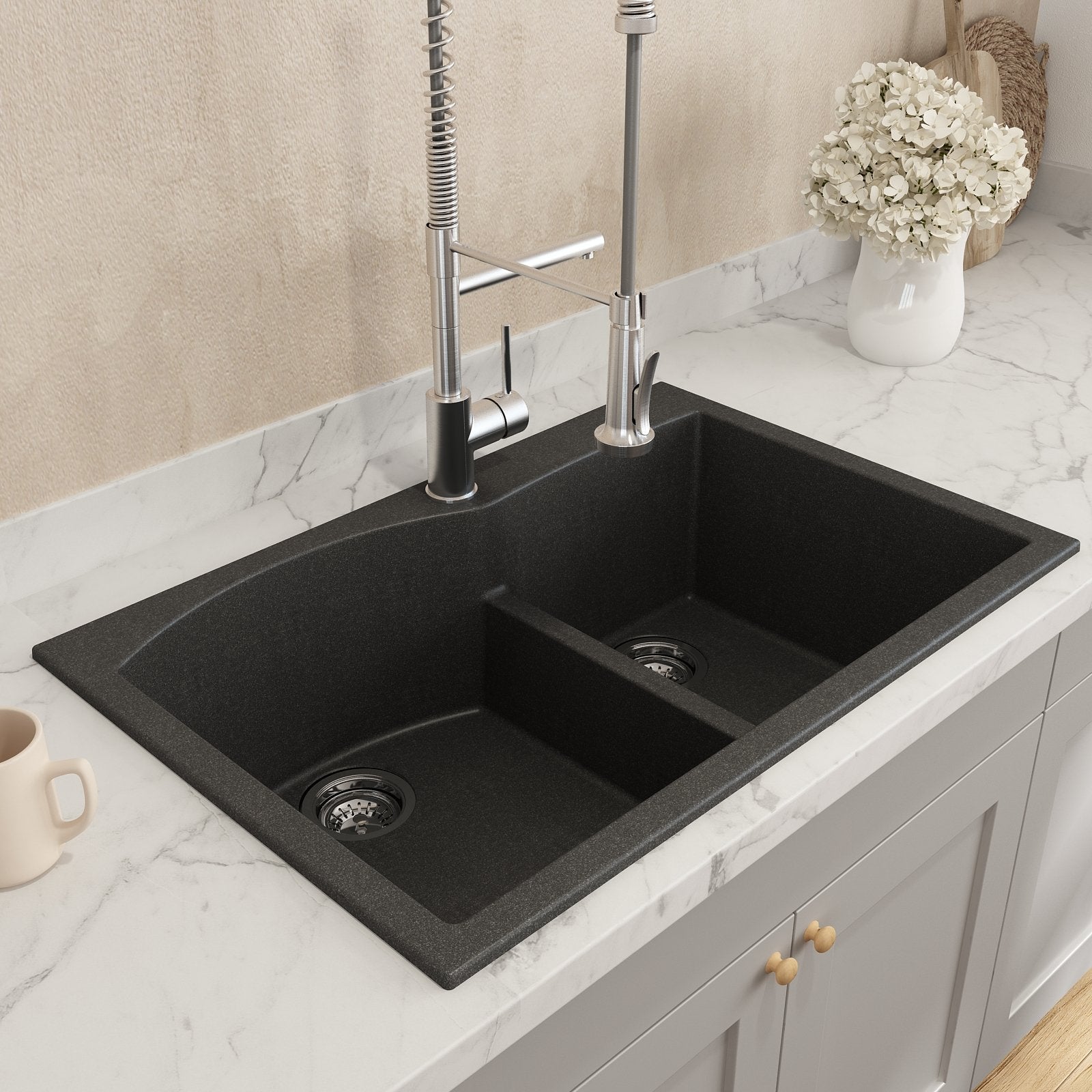 Campino Duo Dual Mount Granite Composite 33 in. 60/40 Double Bowl Kitchen Sink with Strainers 1602