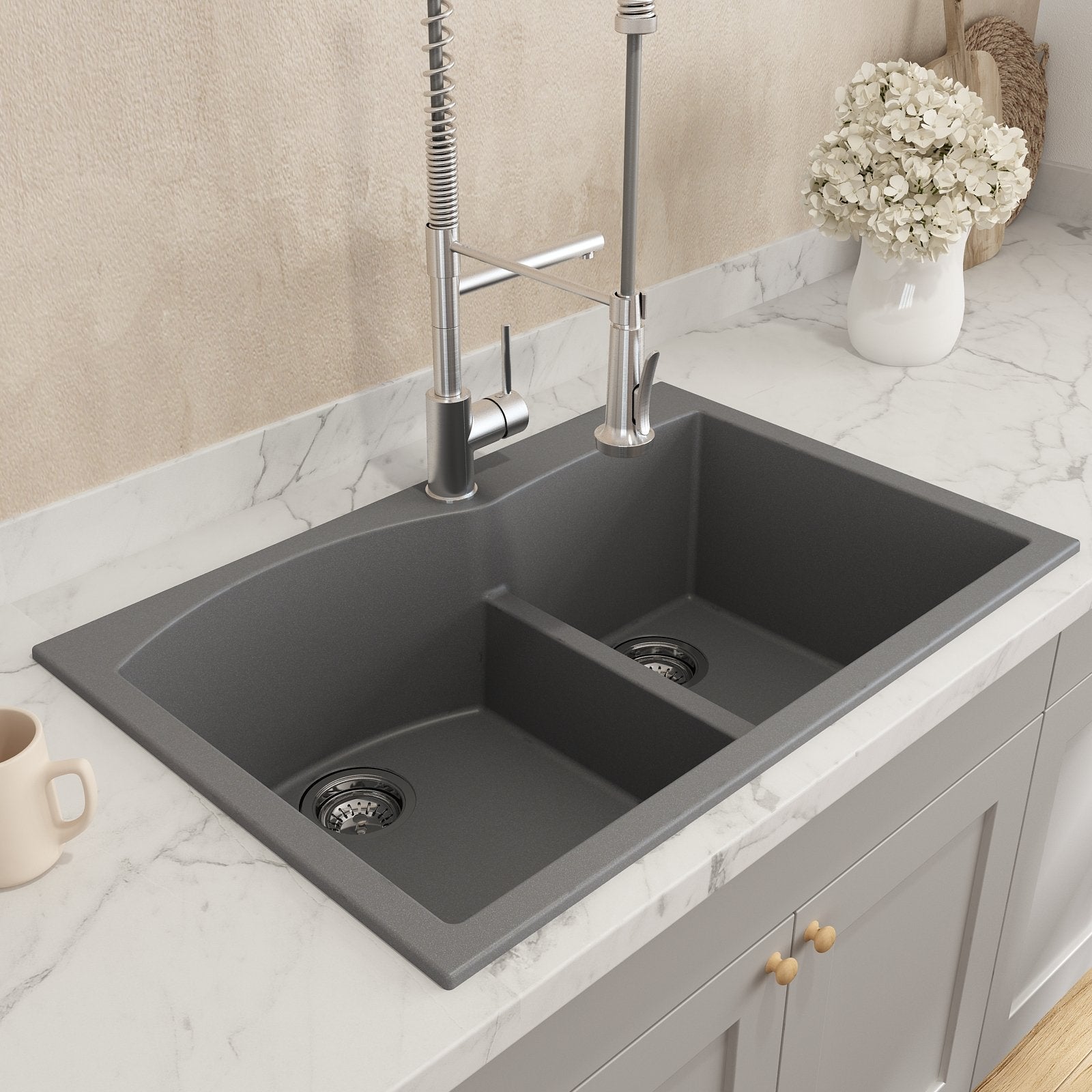 Campino Duo Dual Mount Granite Composite 33 in. 60/40 Double Bowl Kitchen Sink with Strainers 1602