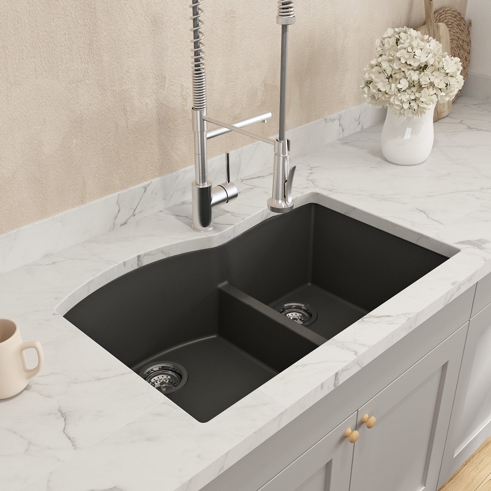 Campino Duo Dual Mount Granite Composite 33 in. 60/40 Double Bowl Kitchen Sink with Strainers 1602