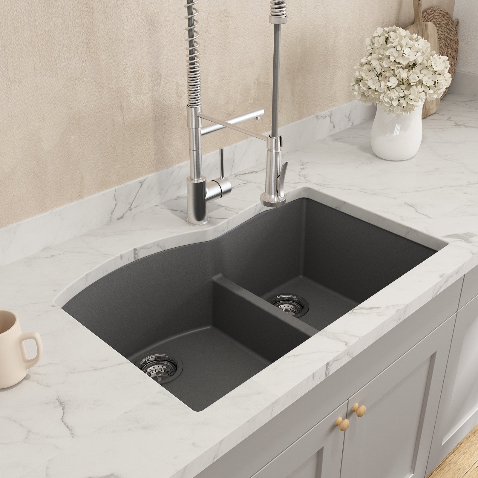 Campino Duo Dual Mount Granite Composite 33 in. 60/40 Double Bowl Kitchen Sink with Strainers 1602