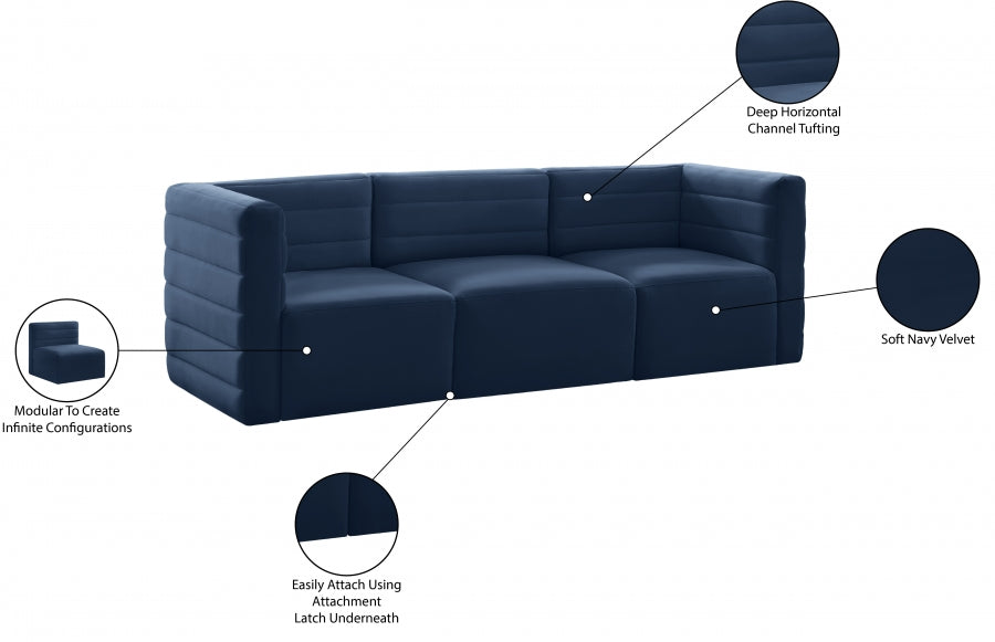 Quincy 95" Velvet Upholstered Comfort 3pc. Modular Sofa