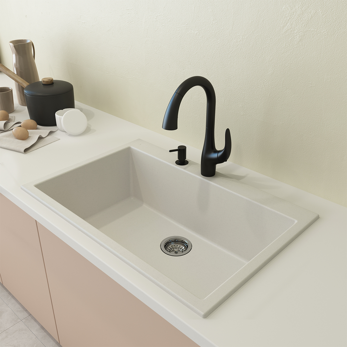 Campino Uno Dual Mount Granite Composite 33 in. Single Bowl Kitchen Sink with Strainer 1604