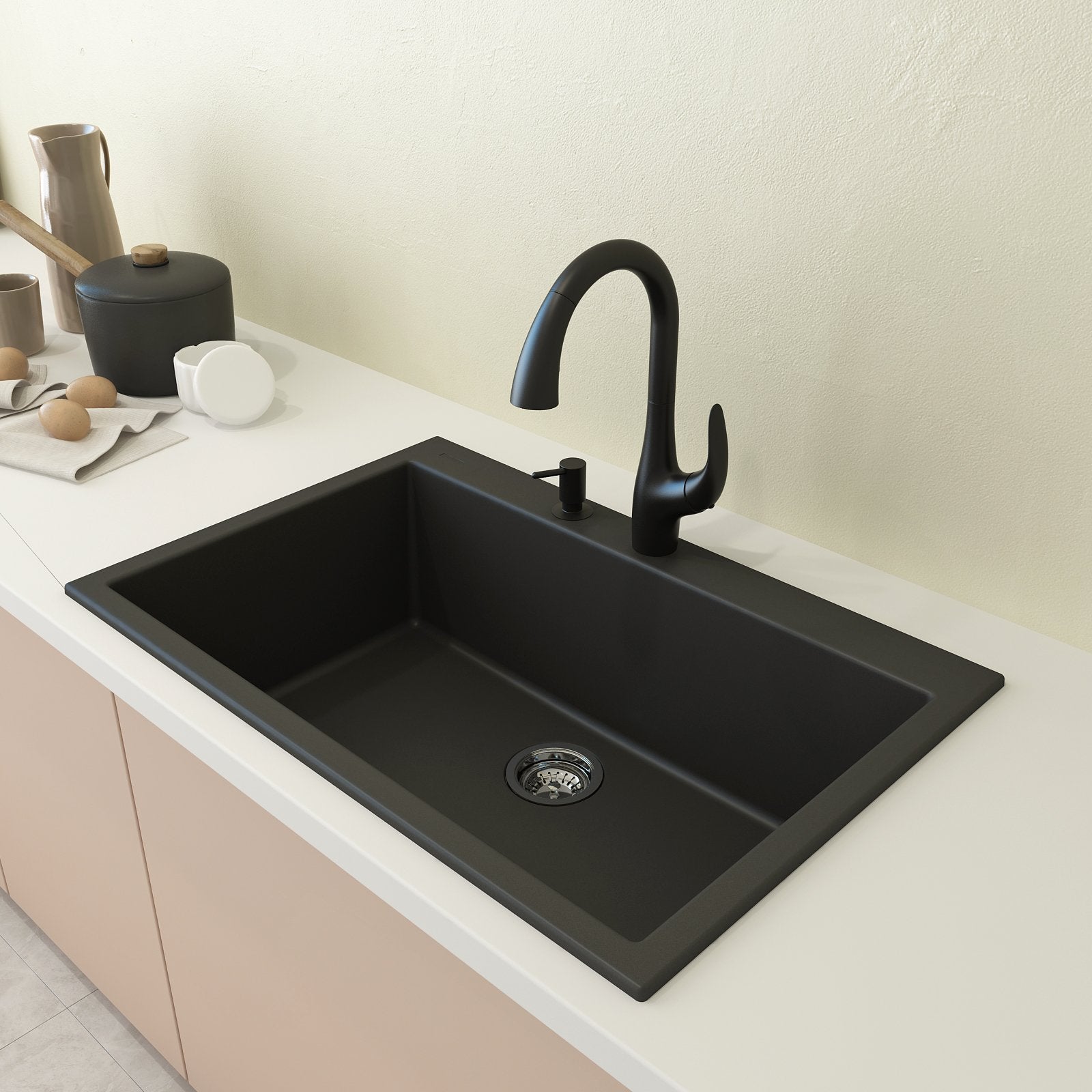 Campino Uno Dual Mount Granite Composite 33 in. Single Bowl Kitchen Sink with Strainer 1604