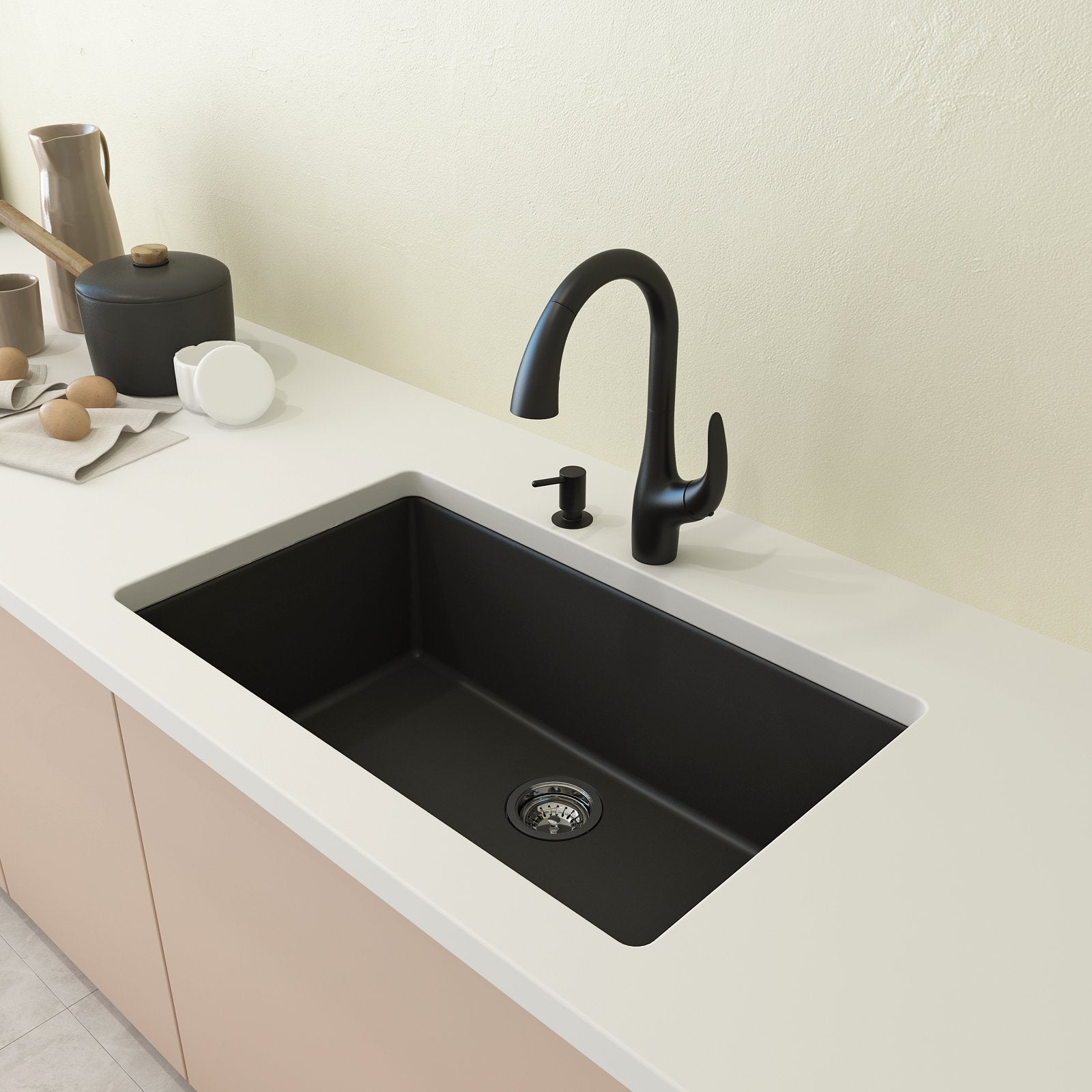 Campino Uno Dual Mount Granite Composite 33 in. Single Bowl Kitchen Sink with Strainer 1604
