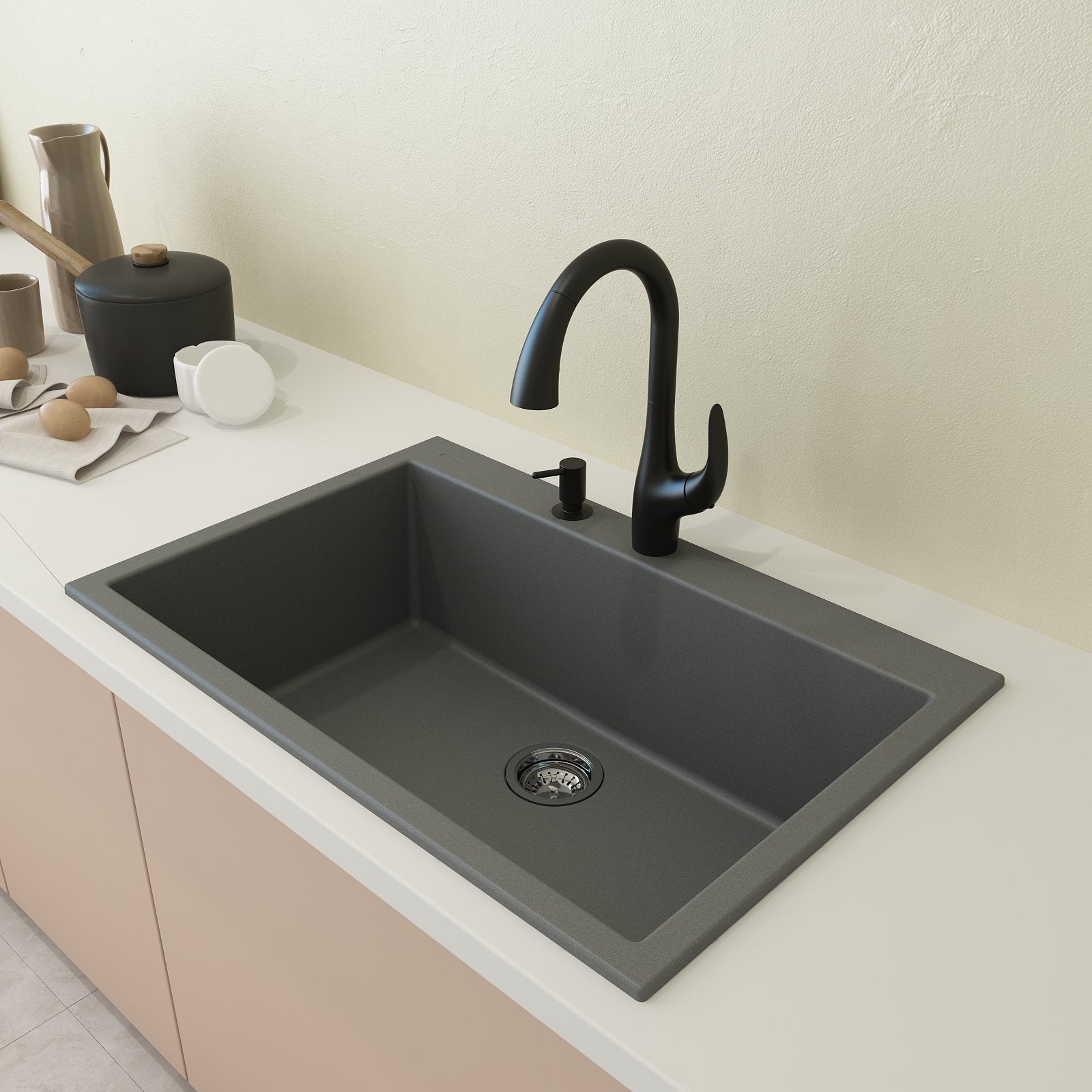 Campino Uno Dual Mount Granite Composite 33 in. Single Bowl Kitchen Sink with Strainer 1604