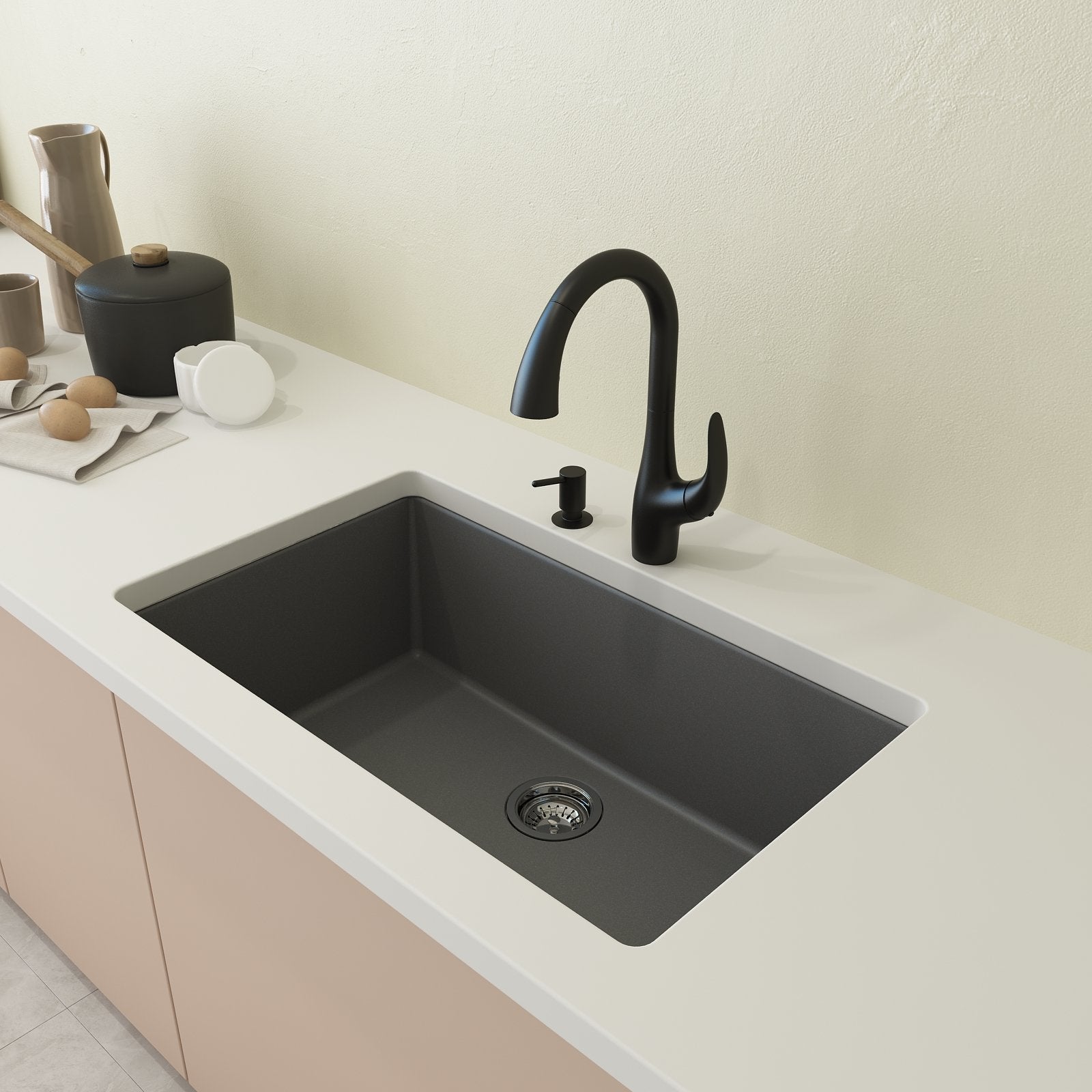 Campino Uno Dual Mount Granite Composite 33 in. Single Bowl Kitchen Sink with Strainer 1604