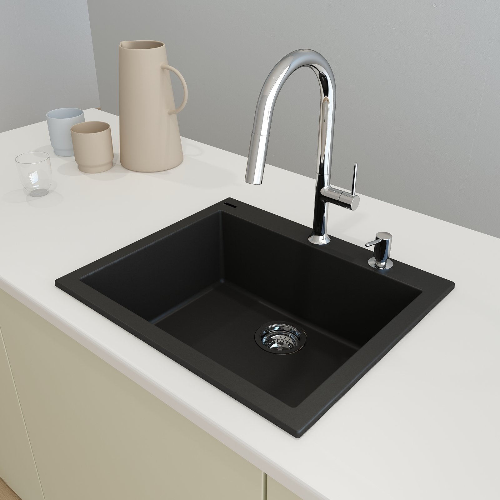 Campino Uno Dual Mount Granite Composite 24 in. Single Bowl Kitchen Sink with Strainer 1606