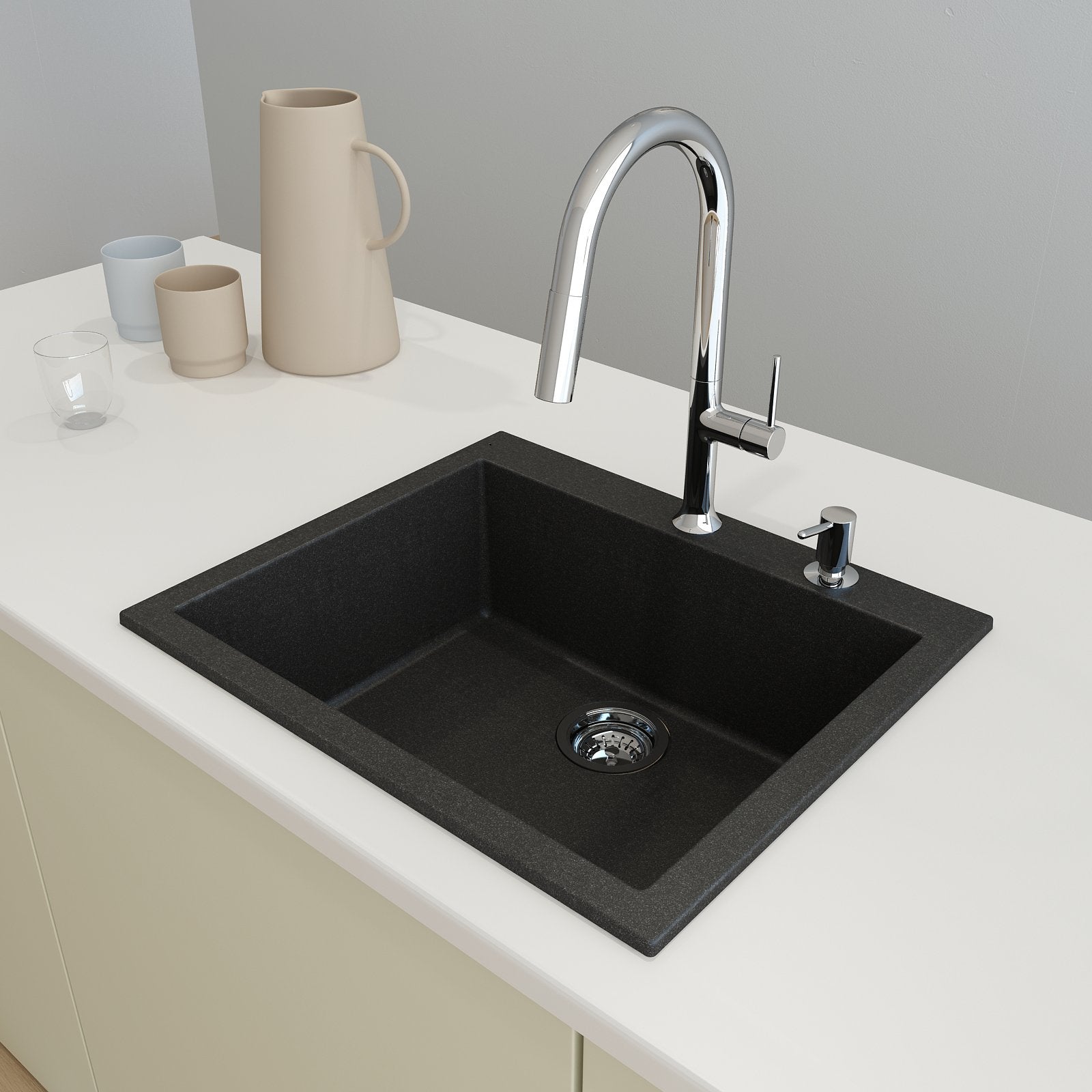 Campino Uno Dual Mount Granite Composite 24 in. Single Bowl Kitchen Sink with Strainer 1606