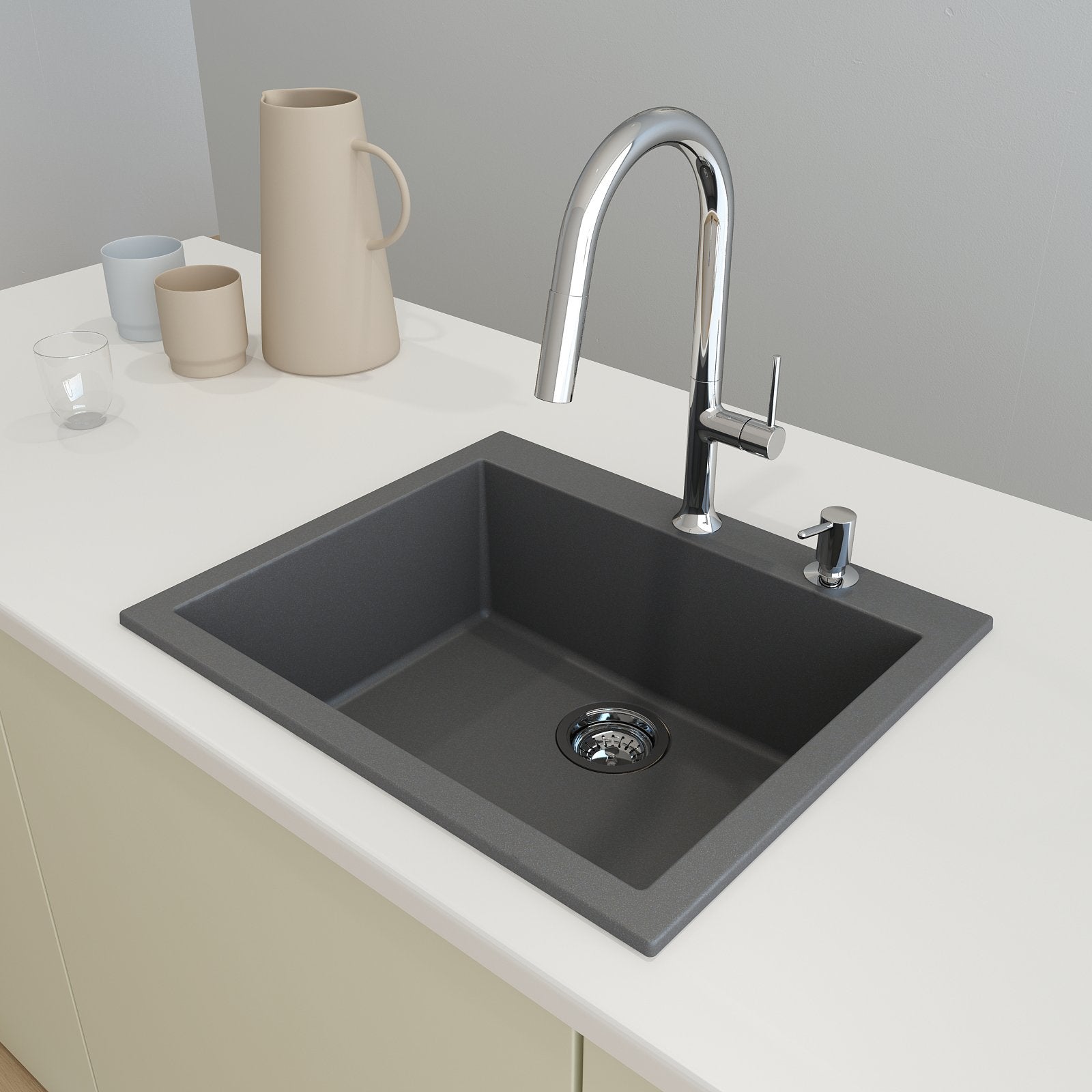 Campino Uno Dual Mount Granite Composite 24 in. Single Bowl Kitchen Sink with Strainer 1606