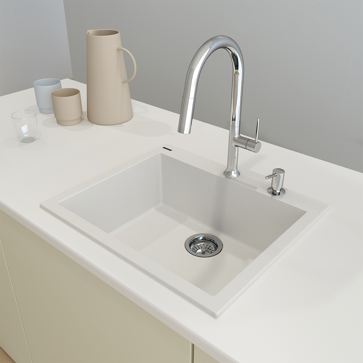 Campino Uno Dual Mount Granite Composite 24 in. Single Bowl Kitchen Sink with Strainer 1606