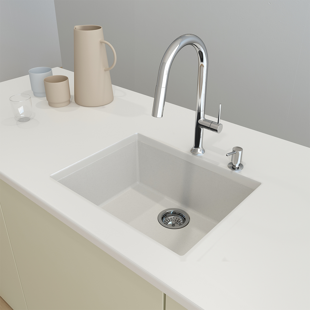 Campino Uno Dual Mount Granite Composite 24 in. Single Bowl Kitchen Sink with Strainer 1606
