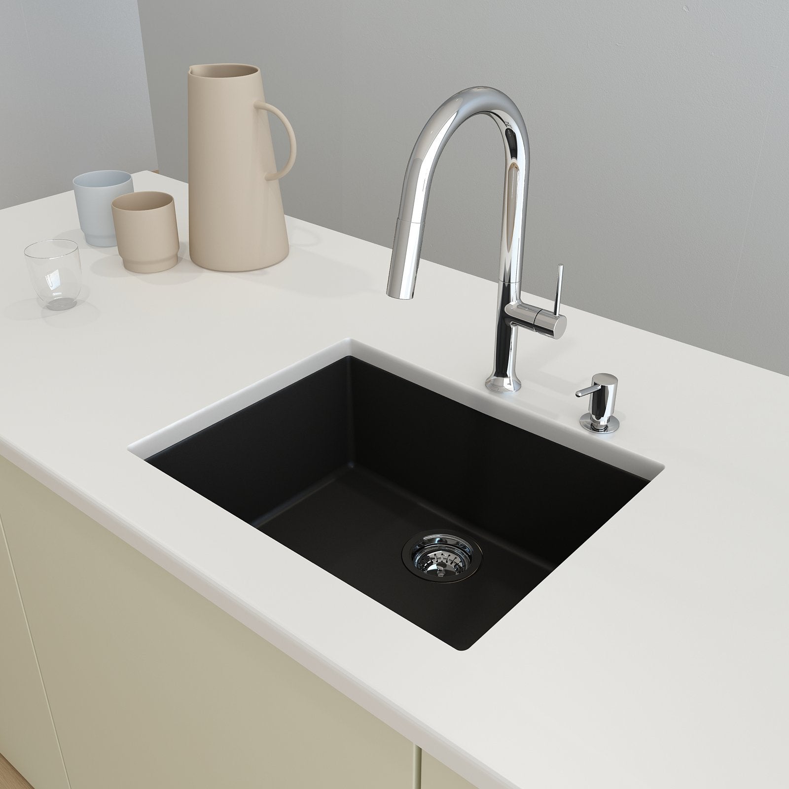 Campino Uno Dual Mount Granite Composite 24 in. Single Bowl Kitchen Sink with Strainer 1606