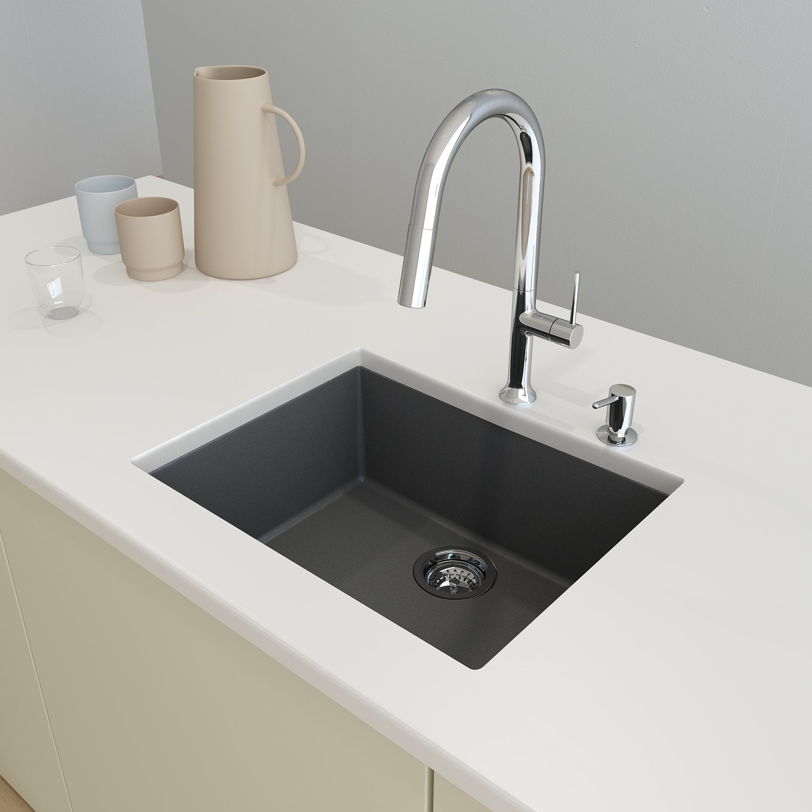Campino Uno Dual Mount Granite Composite 24 in. Single Bowl Kitchen Sink with Strainer 1606
