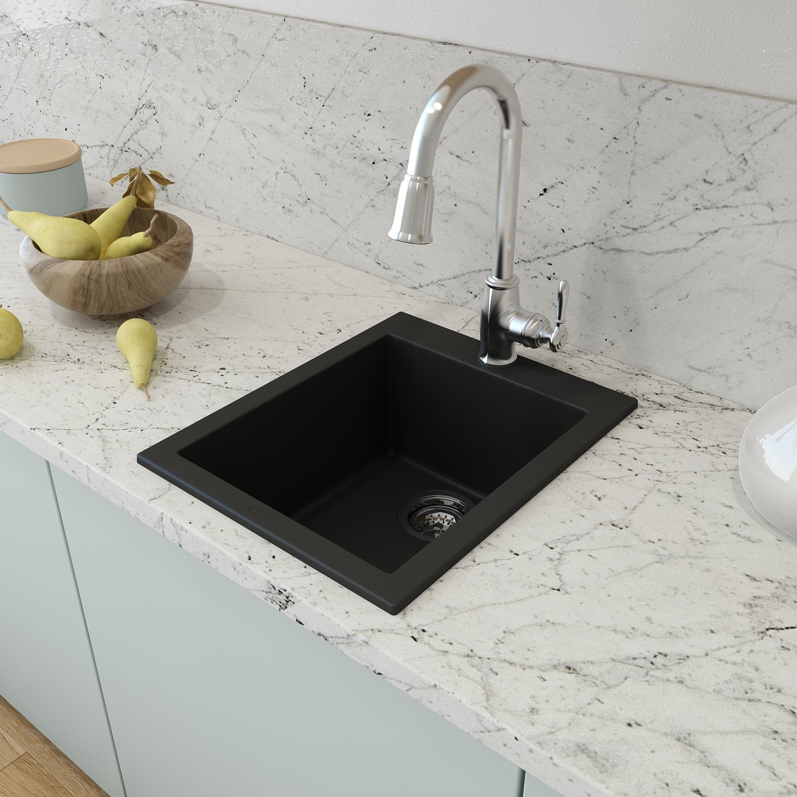 Campino Uno Dual Mount Granite Composite 16 in. Single Bowl Bar Sink with Strainer 1608