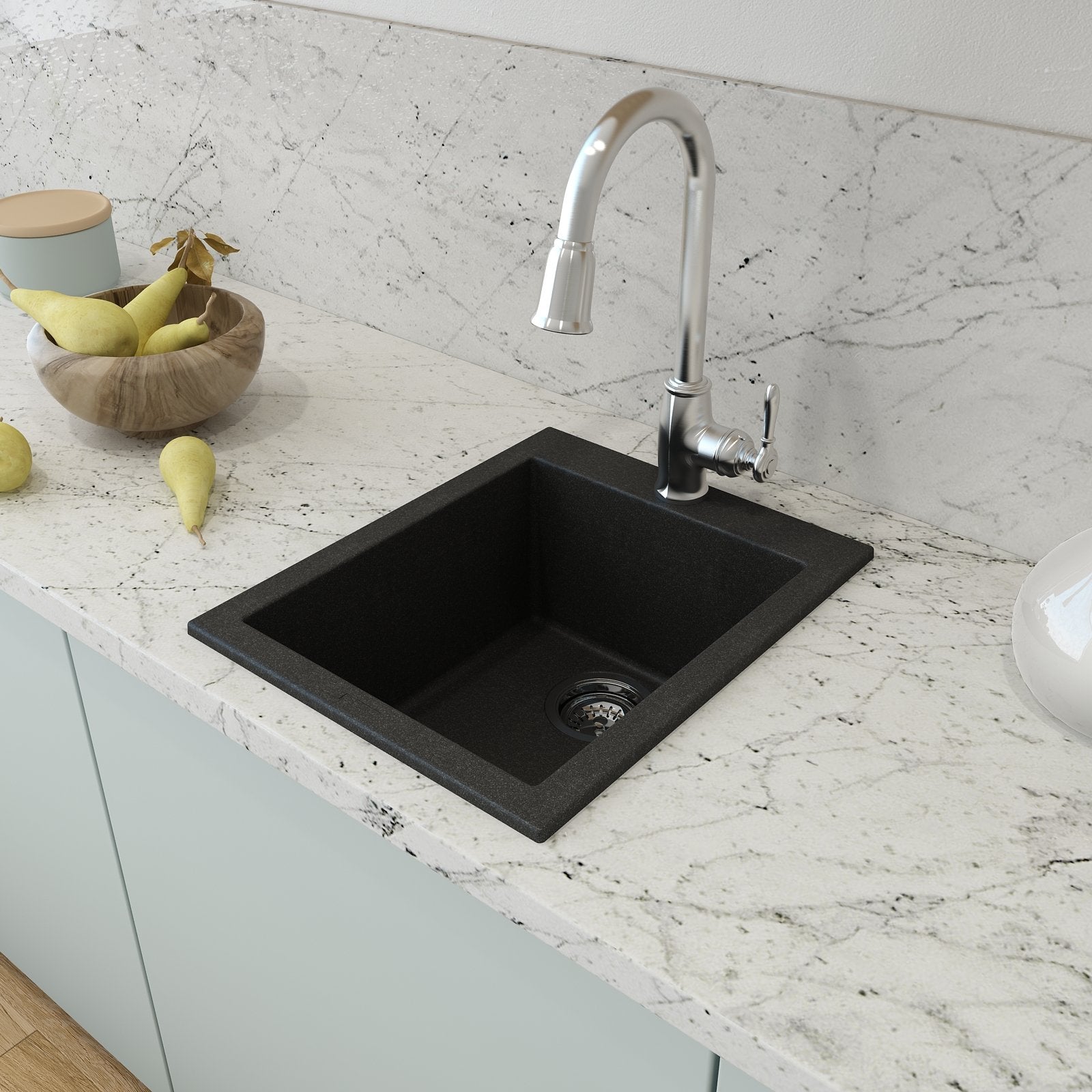 Campino Uno Dual Mount Granite Composite 16 in. Single Bowl Bar Sink with Strainer 1608