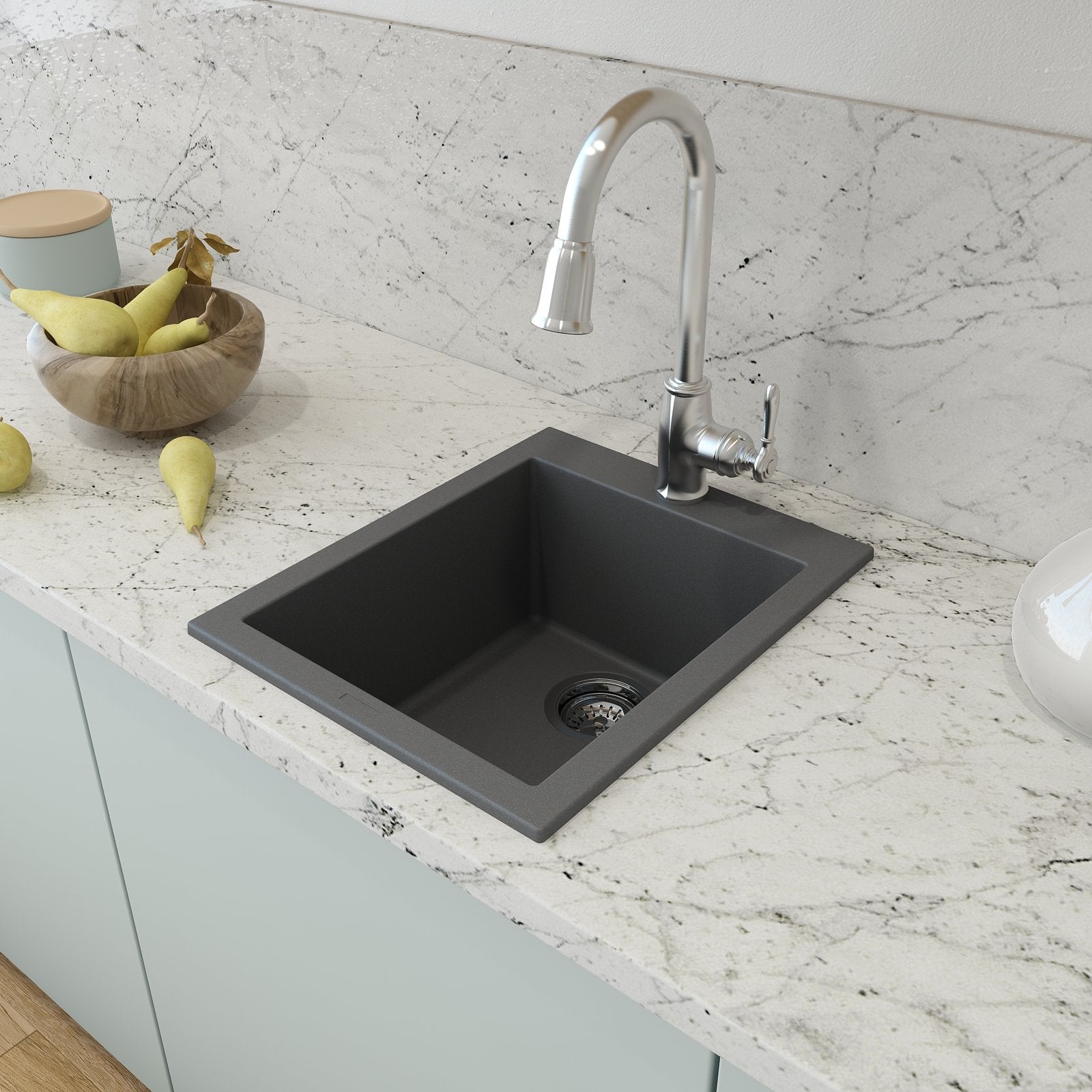 Campino Uno Dual Mount Granite Composite 16 in. Single Bowl Bar Sink with Strainer 1608