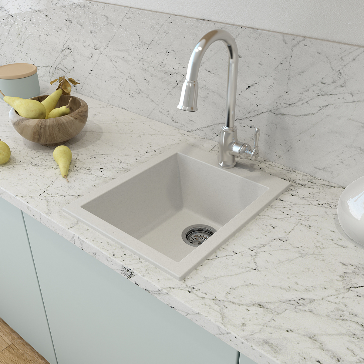 Campino Uno Dual Mount Granite Composite 16 in. Single Bowl Bar Sink with Strainer 1608