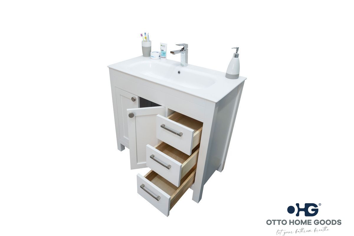 Aria 36" White Bathroom Vanity with Integrated Sink & Brushed Nickel Hardware
