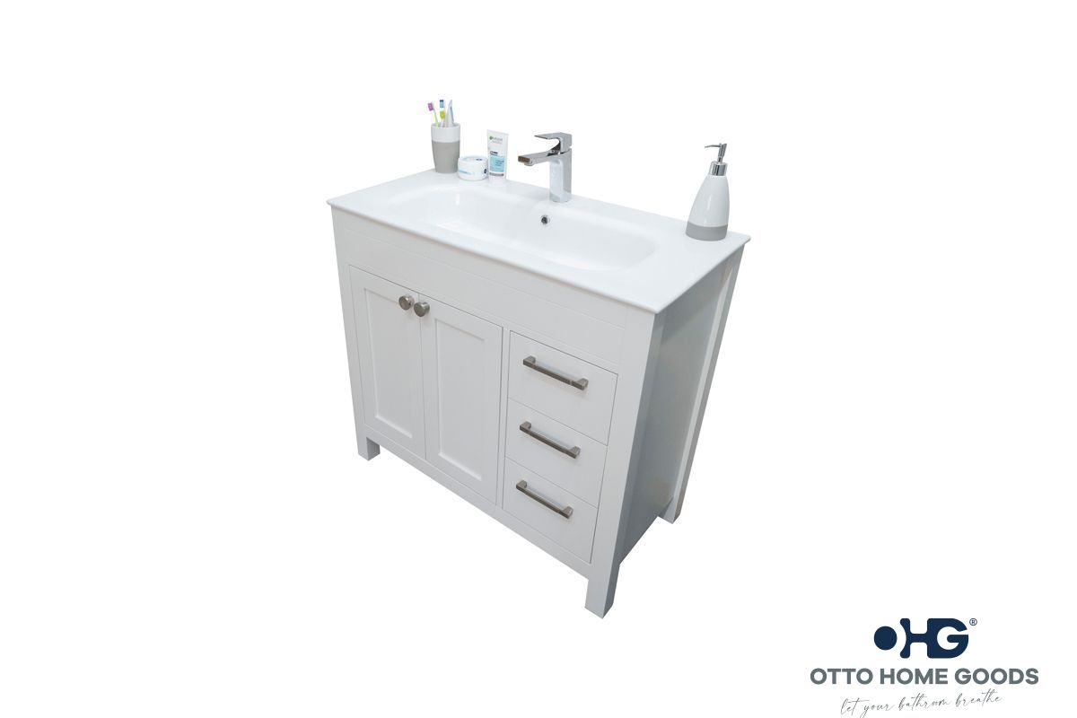 Aria 36" White Bathroom Vanity with Integrated Sink & Brushed Nickel Hardware