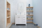 Aria 36" White Bathroom Vanity with Integrated Sink & Brushed Nickel Hardware