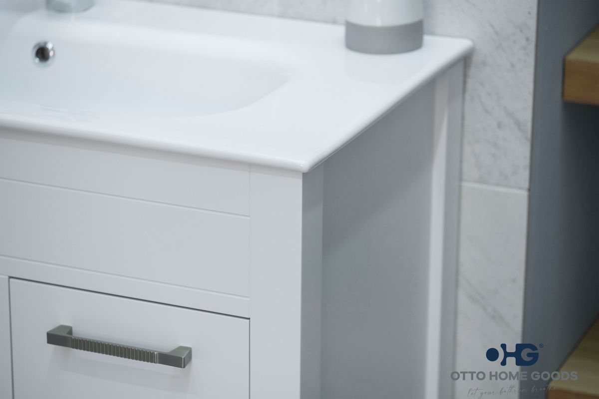 Aria 36" White Bathroom Vanity with Integrated Sink & Brushed Nickel Hardware