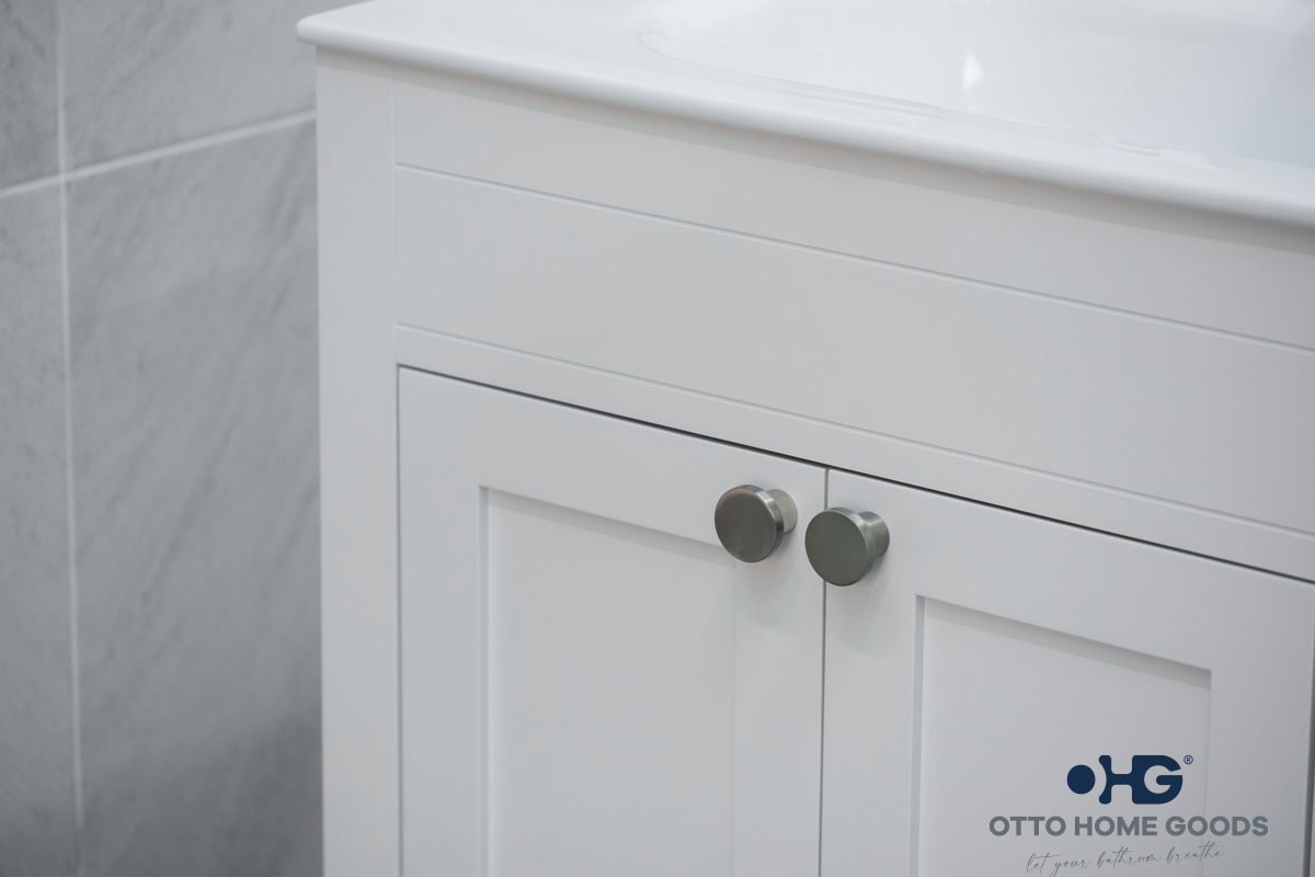 Aria 36" White Bathroom Vanity with Integrated Sink & Brushed Nickel Hardware