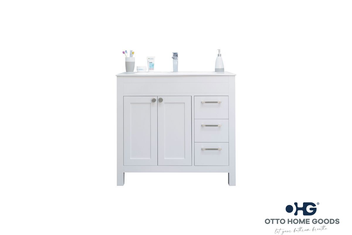 Aria 36" White Bathroom Vanity with Integrated Sink & Brushed Nickel Hardware