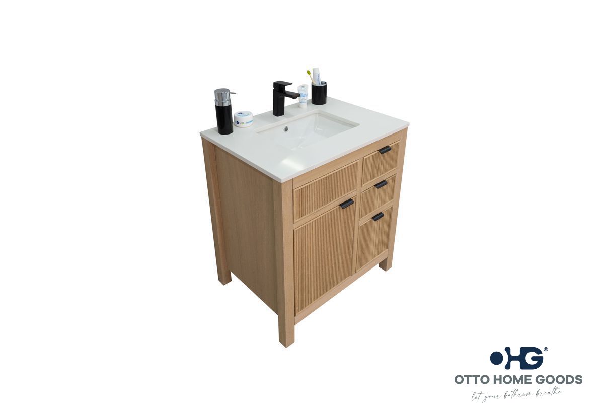 Catalina 30" Natural Oak Bathroom Vanity with Quartz Top & Black Hardware