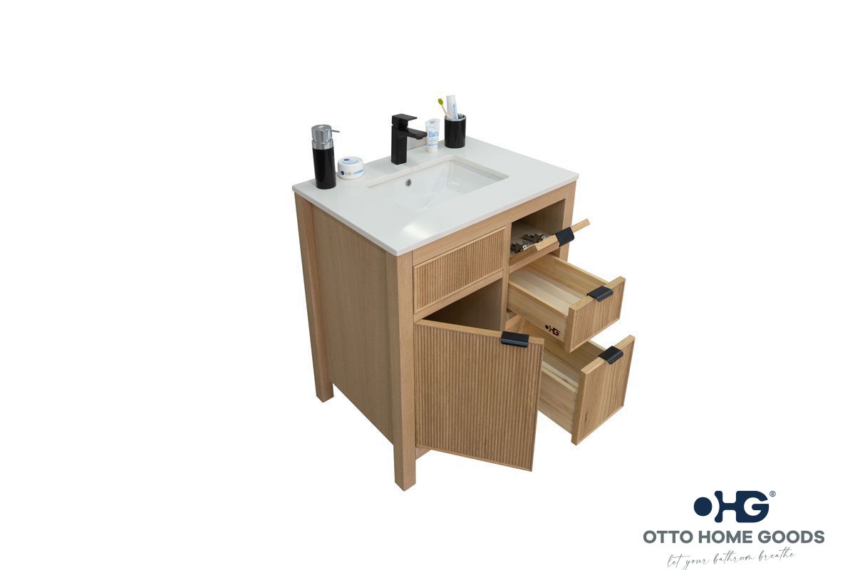 Catalina 30" Natural Oak Bathroom Vanity with Quartz Top & Black Hardware