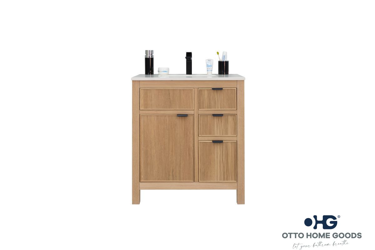 Catalina 30" Natural Oak Bathroom Vanity with Quartz Top & Black Hardware