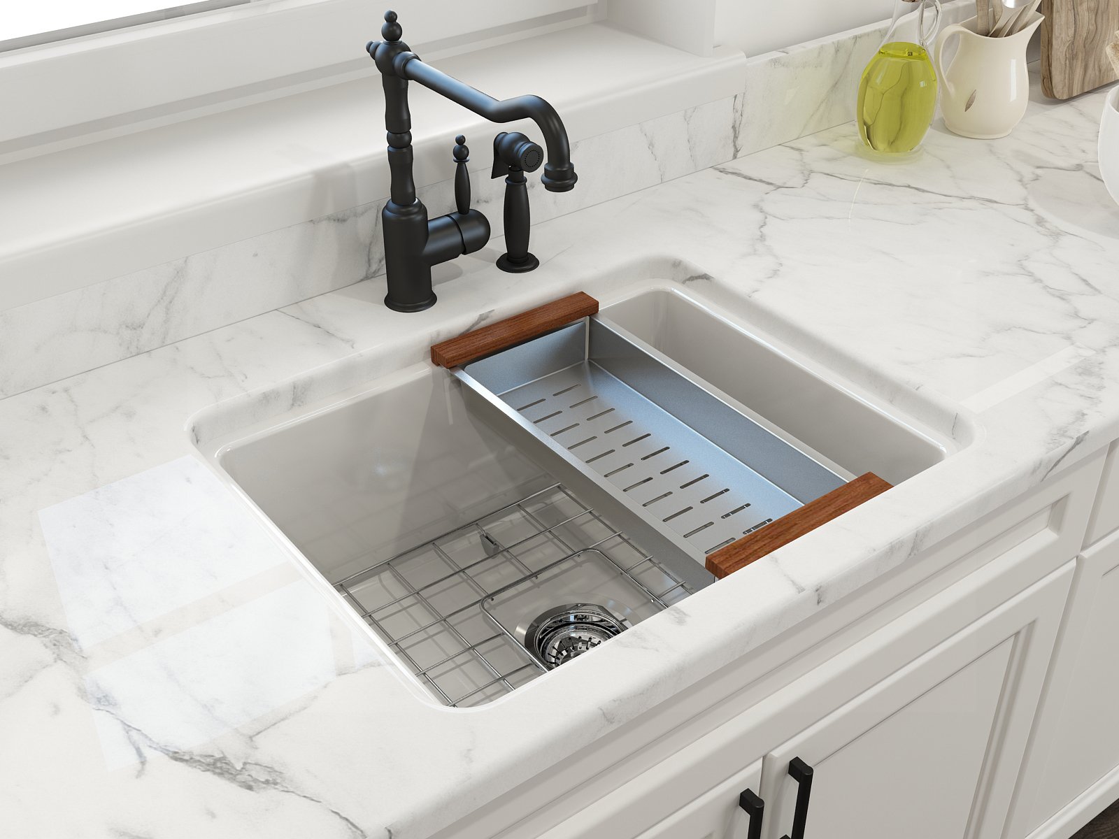 Sotto Dual-Mount Fireclay 24 in. Single Bowl Kitchen Sink with Protective Bottom Grid and Strainer 1627