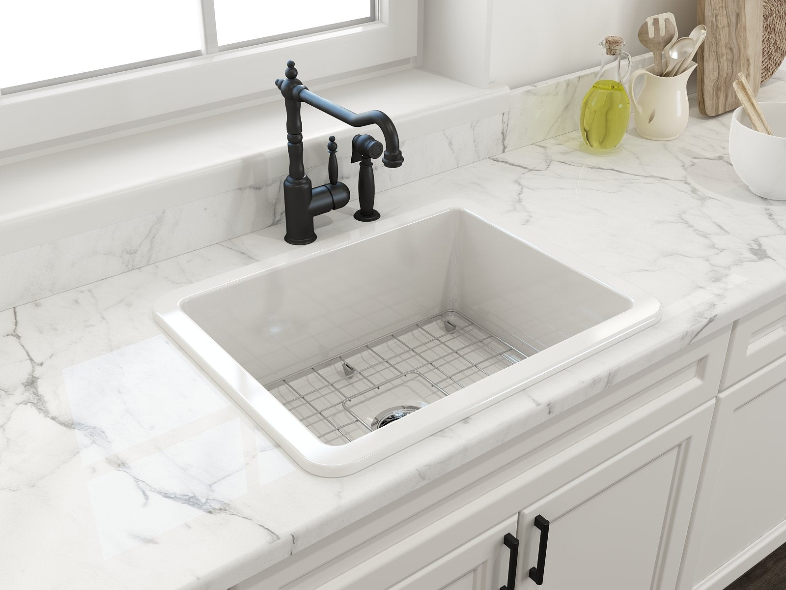 Sotto Dual-Mount Fireclay 24 in. Single Bowl Kitchen Sink with Protective Bottom Grid and Strainer 1627