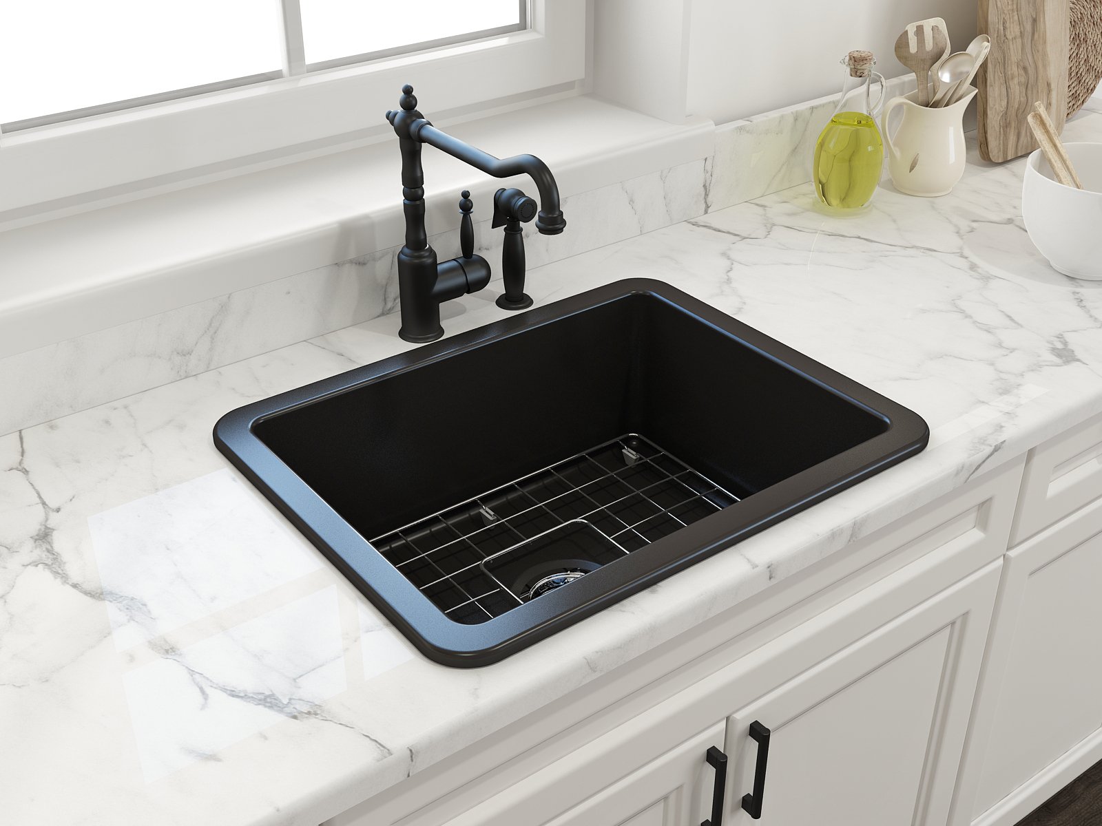 Sotto Dual-Mount Fireclay 24 in. Single Bowl Kitchen Sink with Protective Bottom Grid and Strainer 1627