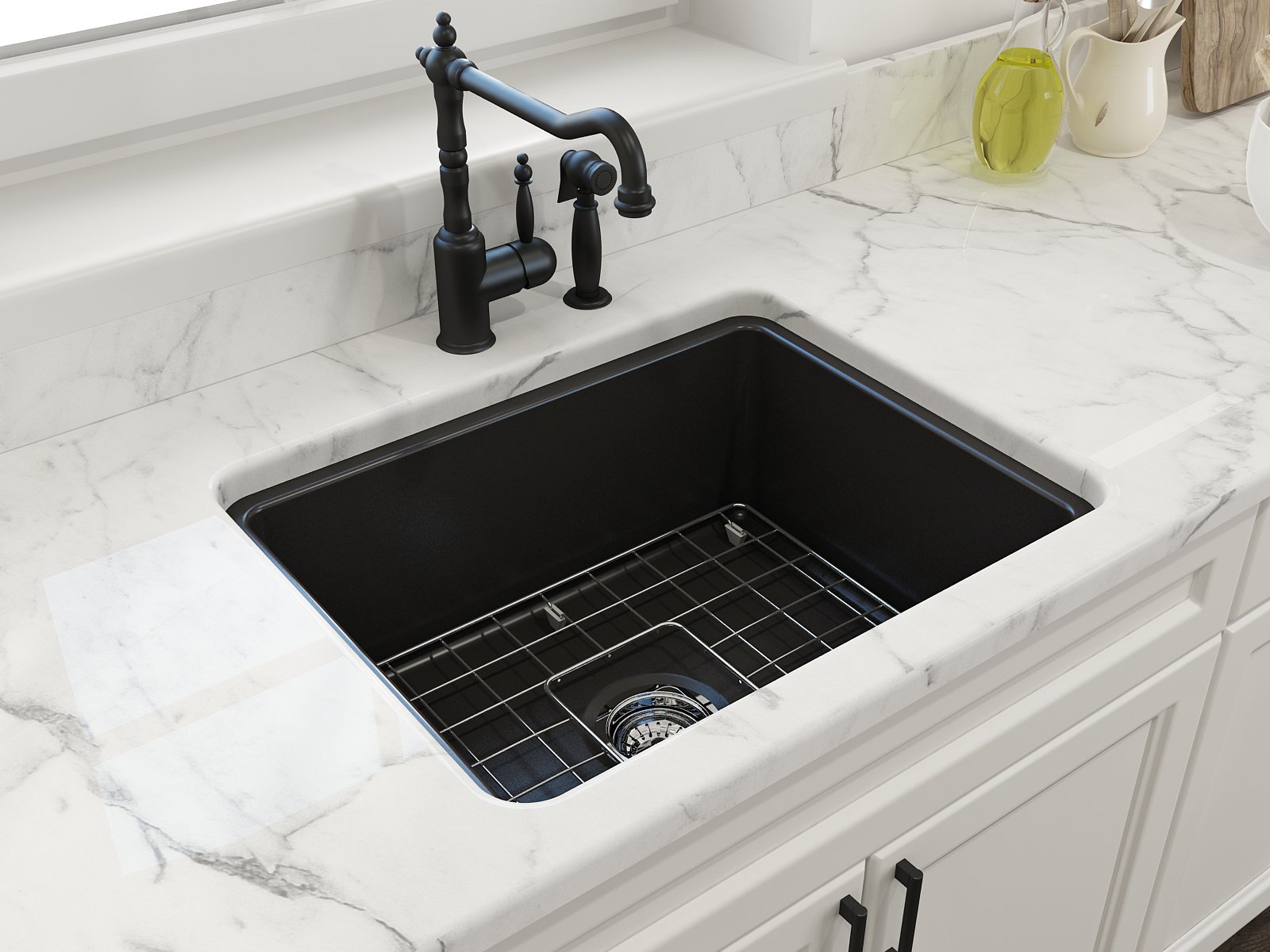 Sotto Dual-Mount Fireclay 24 in. Single Bowl Kitchen Sink with Protective Bottom Grid and Strainer 1627