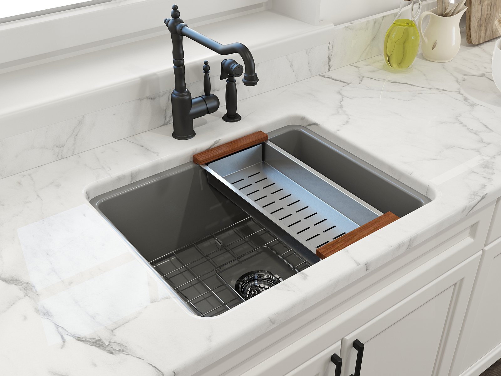 Sotto Dual-Mount Fireclay 24 in. Single Bowl Kitchen Sink with Protective Bottom Grid and Strainer 1627
