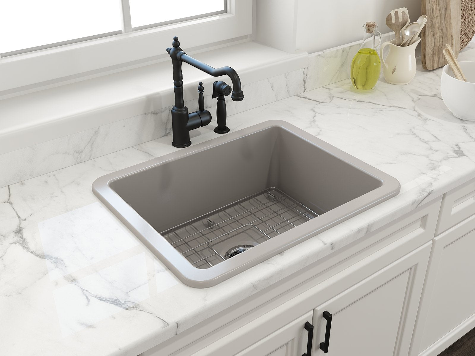 Sotto Dual-Mount Fireclay 24 in. Single Bowl Kitchen Sink with Protective Bottom Grid and Strainer 1627