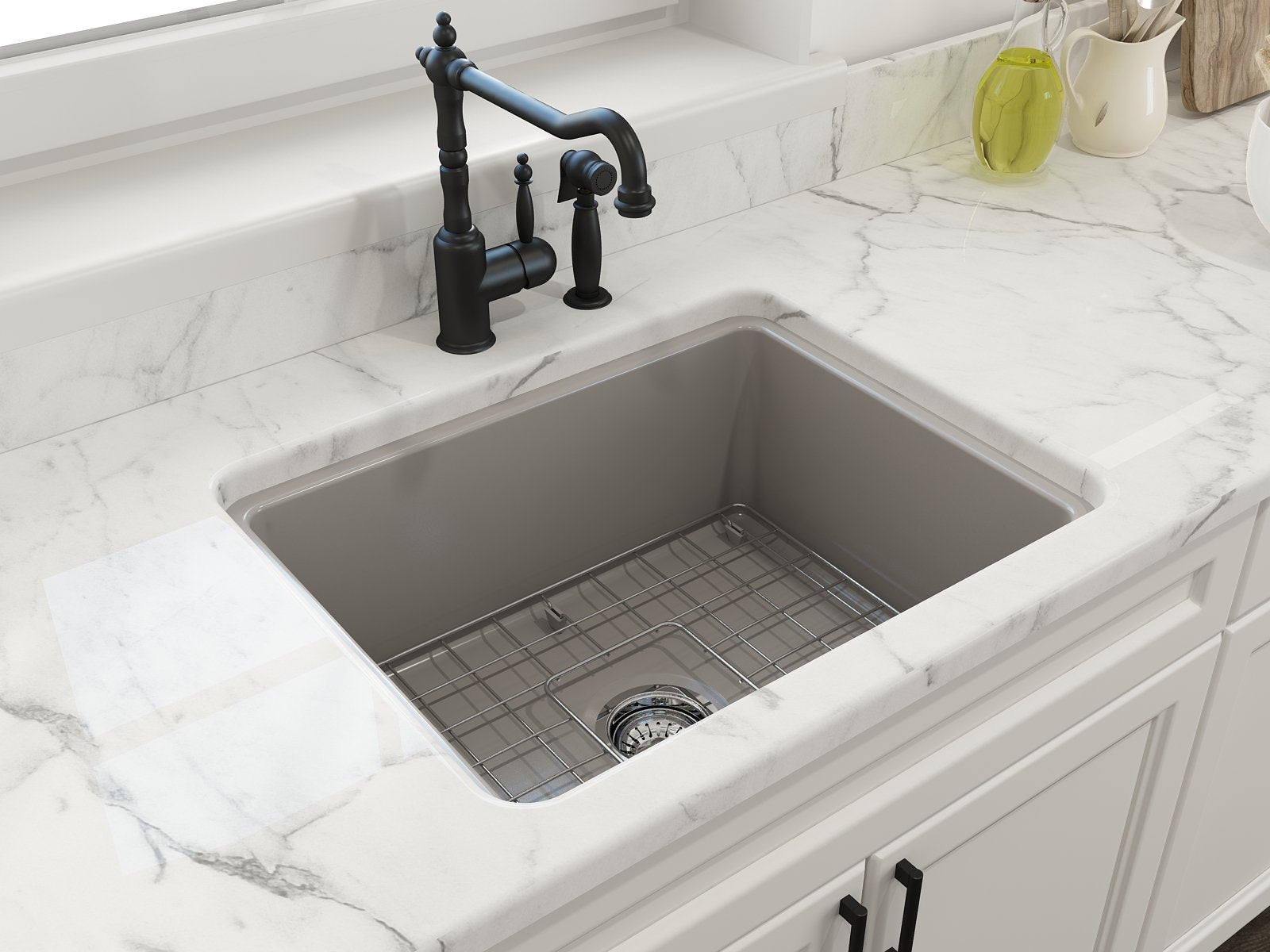 Sotto Dual-Mount Fireclay 24 in. Single Bowl Kitchen Sink with Protective Bottom Grid and Strainer 1627