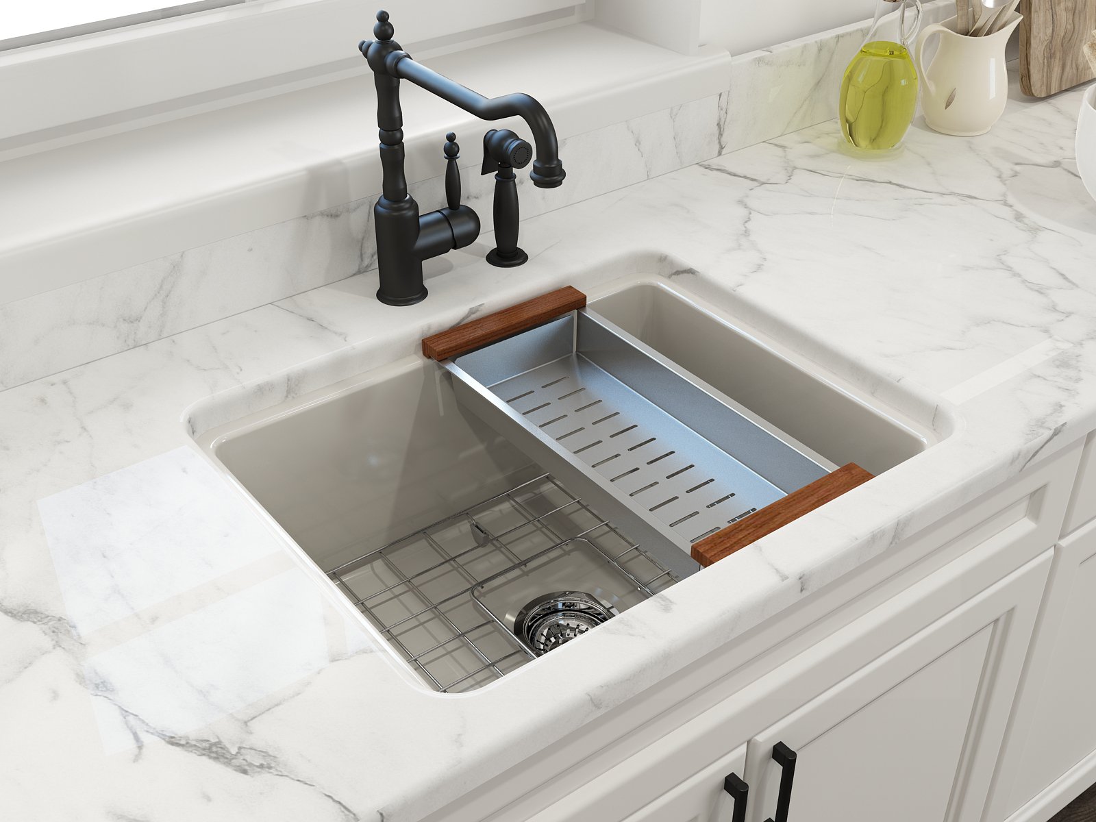 Sotto Dual-Mount Fireclay 24 in. Single Bowl Kitchen Sink with Protective Bottom Grid and Strainer 1627