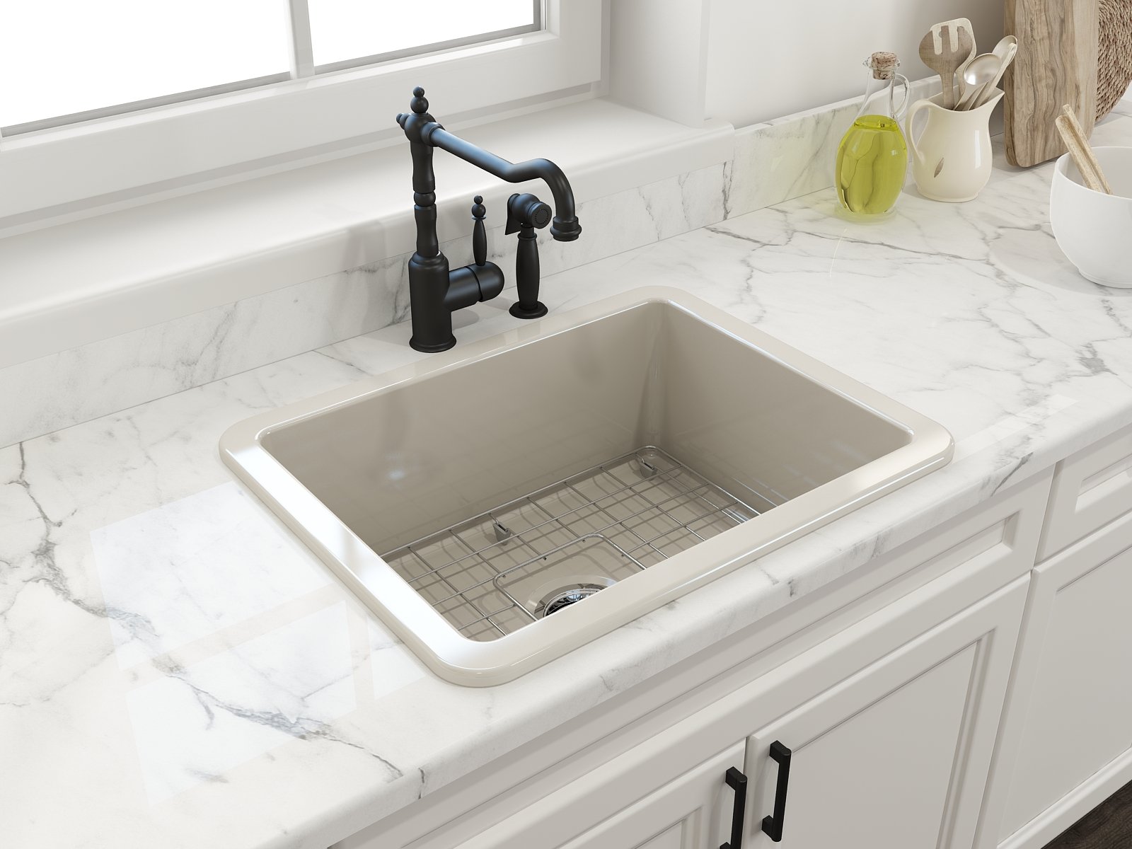 Sotto Dual-Mount Fireclay 24 in. Single Bowl Kitchen Sink with Protective Bottom Grid and Strainer 1627