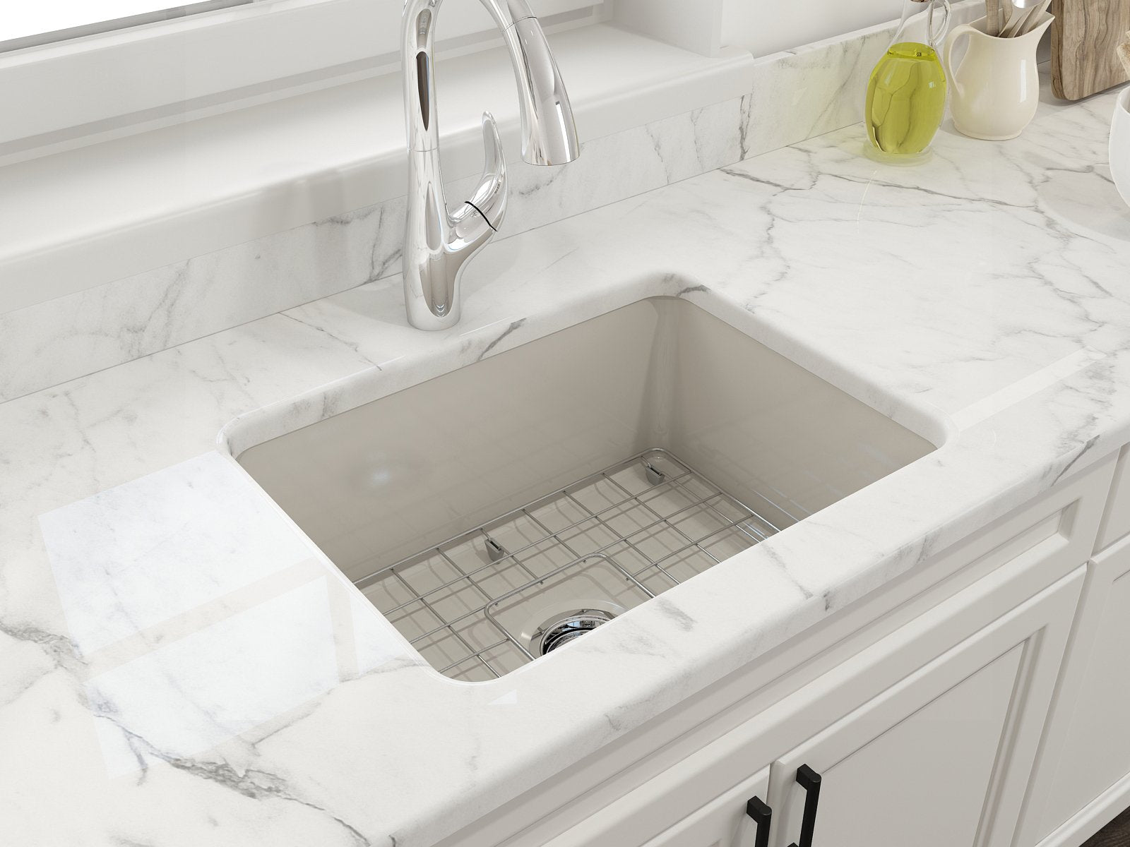 Sotto Dual-Mount Fireclay 24 in. Single Bowl Kitchen Sink with Protective Bottom Grid and Strainer 1627