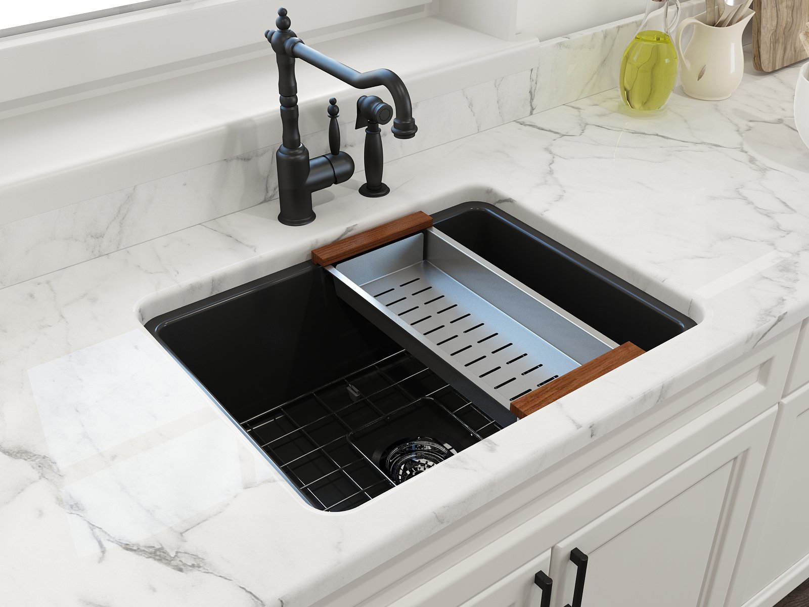 Sotto Dual-Mount Fireclay 24 in. Single Bowl Kitchen Sink with Protective Bottom Grid and Strainer 1627