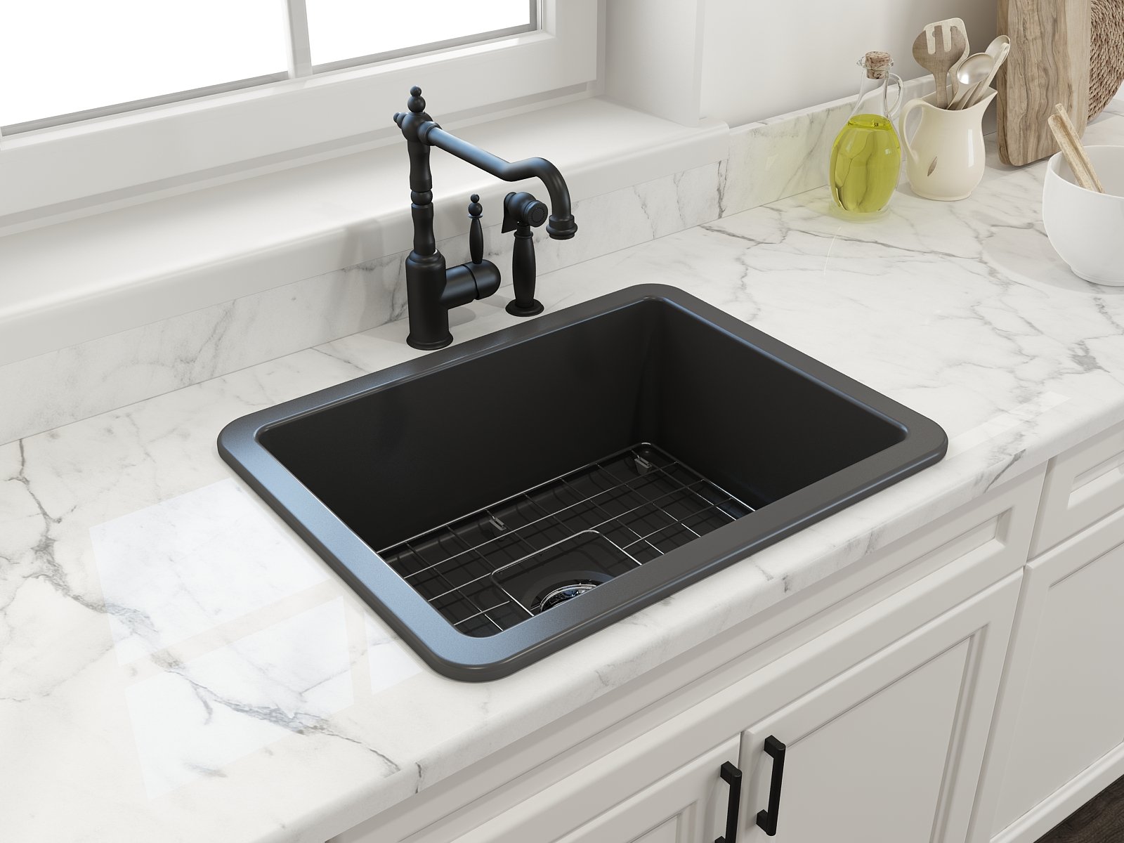 Sotto Dual-Mount Fireclay 24 in. Single Bowl Kitchen Sink with Protective Bottom Grid and Strainer 1627