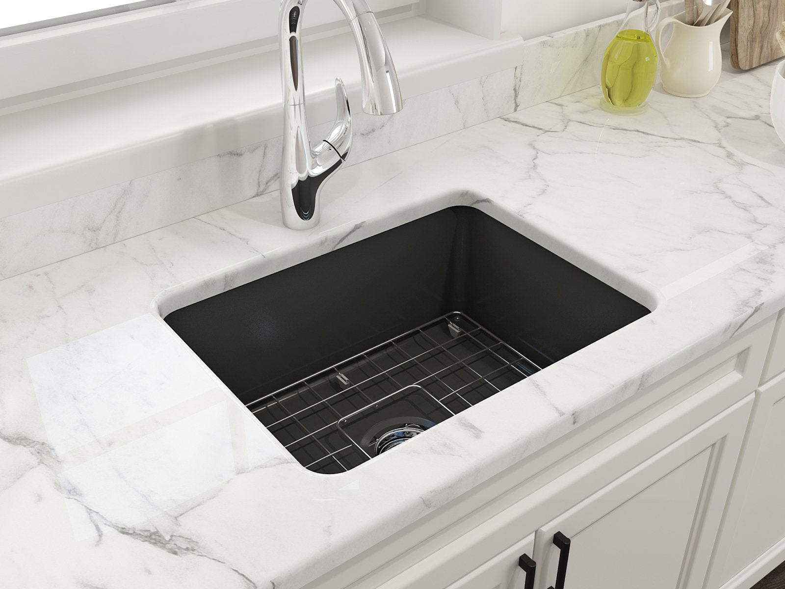 Sotto Dual-Mount Fireclay 24 in. Single Bowl Kitchen Sink with Protective Bottom Grid and Strainer 1627