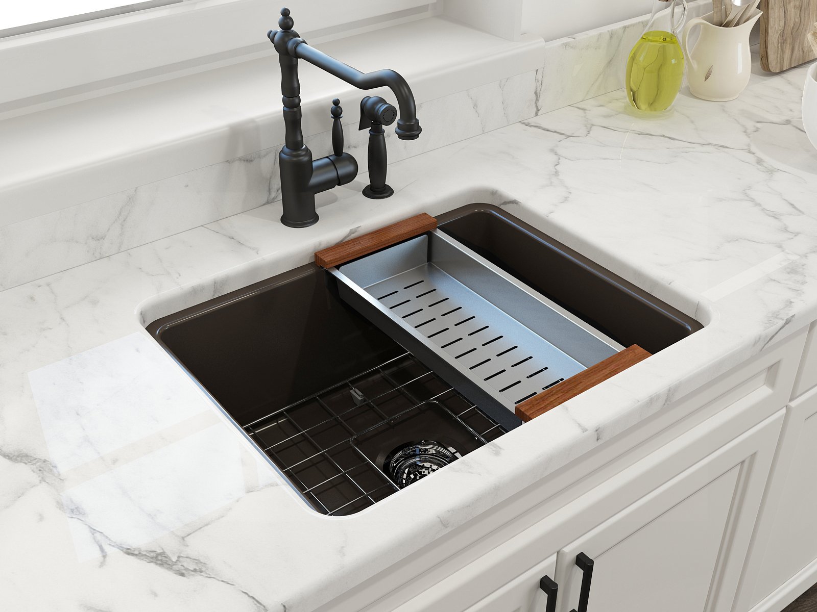 Sotto Dual-Mount Fireclay 24 in. Single Bowl Kitchen Sink with Protective Bottom Grid and Strainer 1627