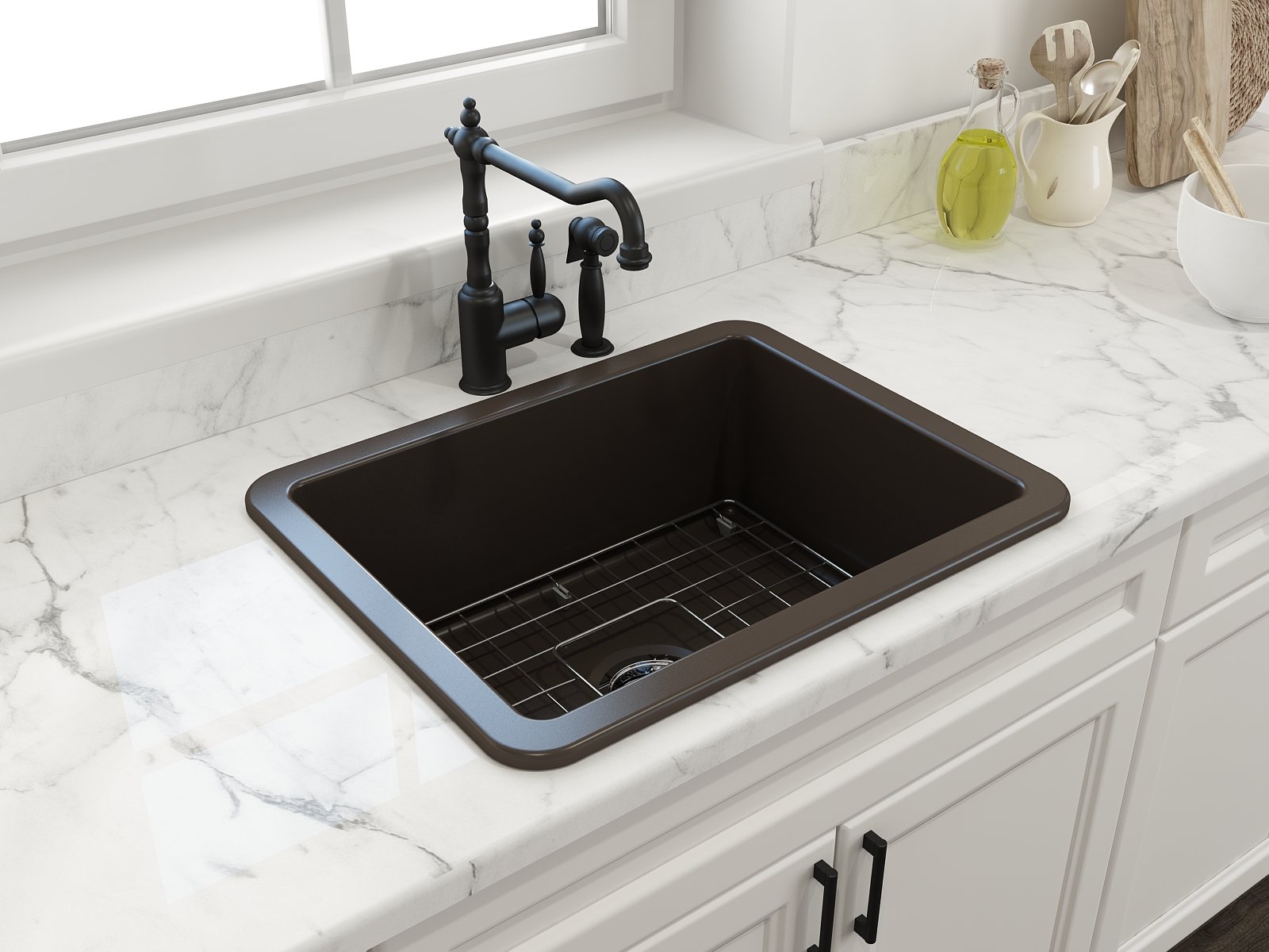 Sotto Dual-Mount Fireclay 24 in. Single Bowl Kitchen Sink with Protective Bottom Grid and Strainer 1627
