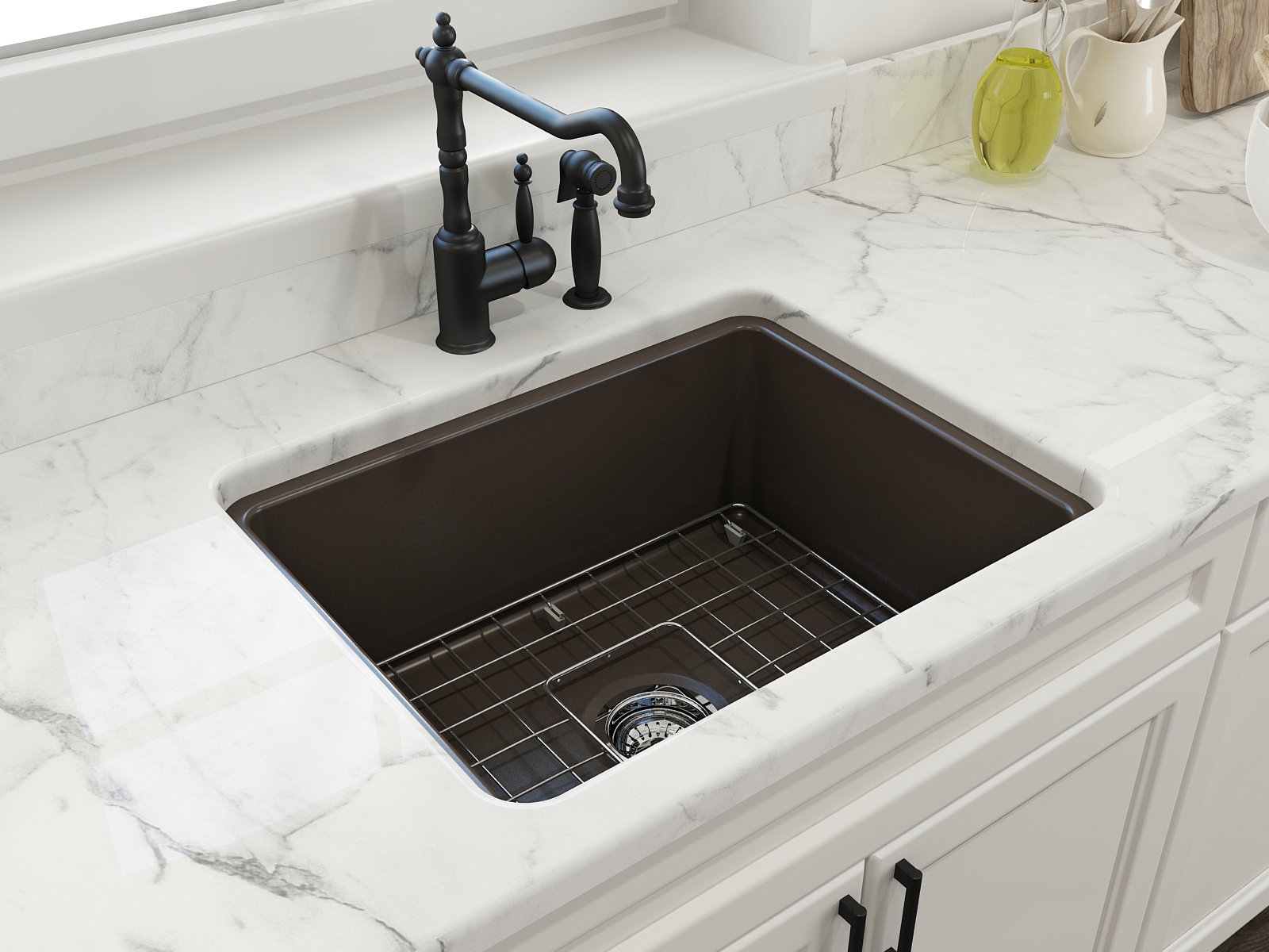Sotto Dual-Mount Fireclay 24 in. Single Bowl Kitchen Sink with Protective Bottom Grid and Strainer 1627
