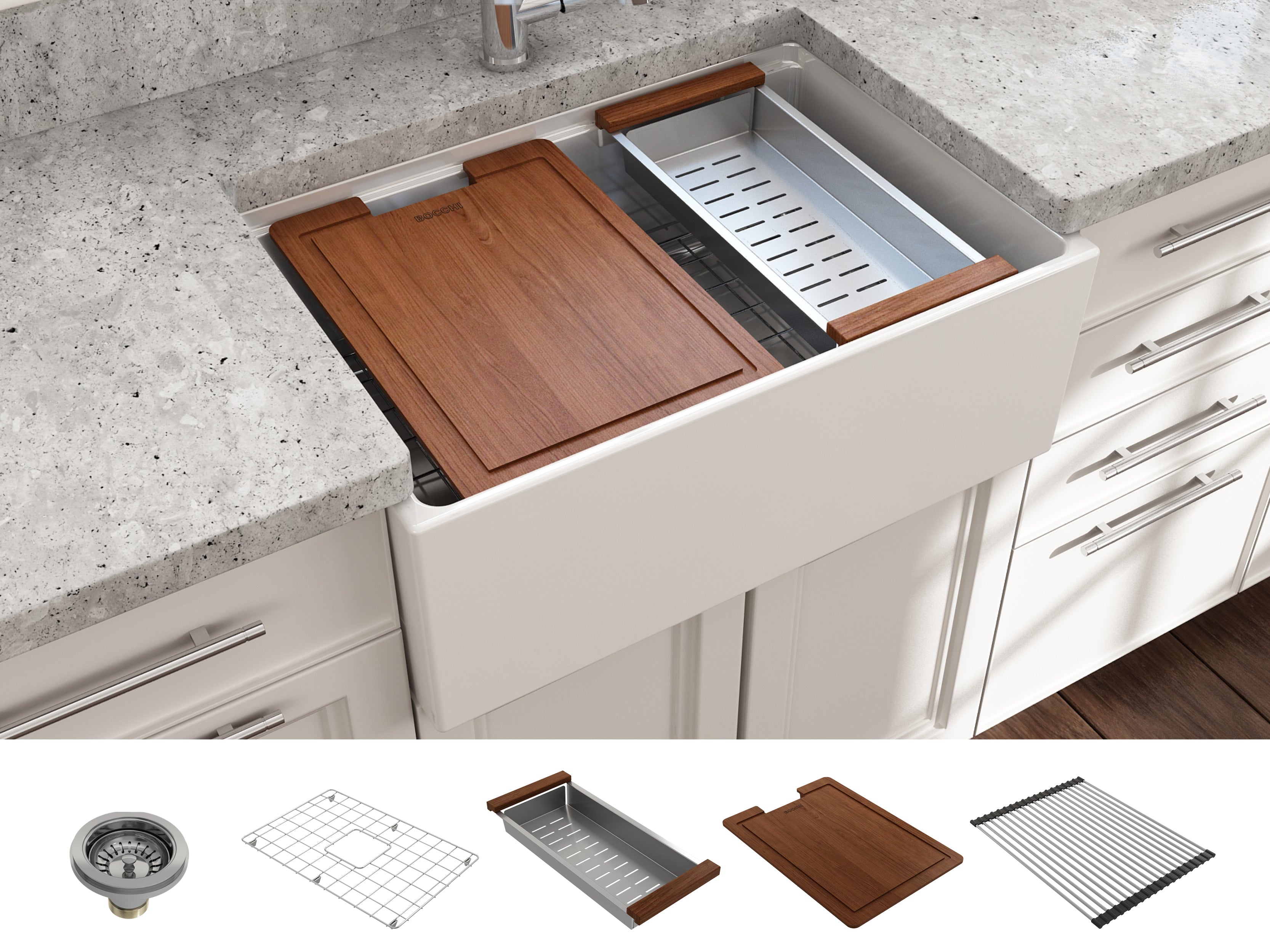 Contempo Step-Rim Apron Front Fireclay 27 in. Single Bowl Kitchen Sink with Integrated Work Station & Accessories 1628