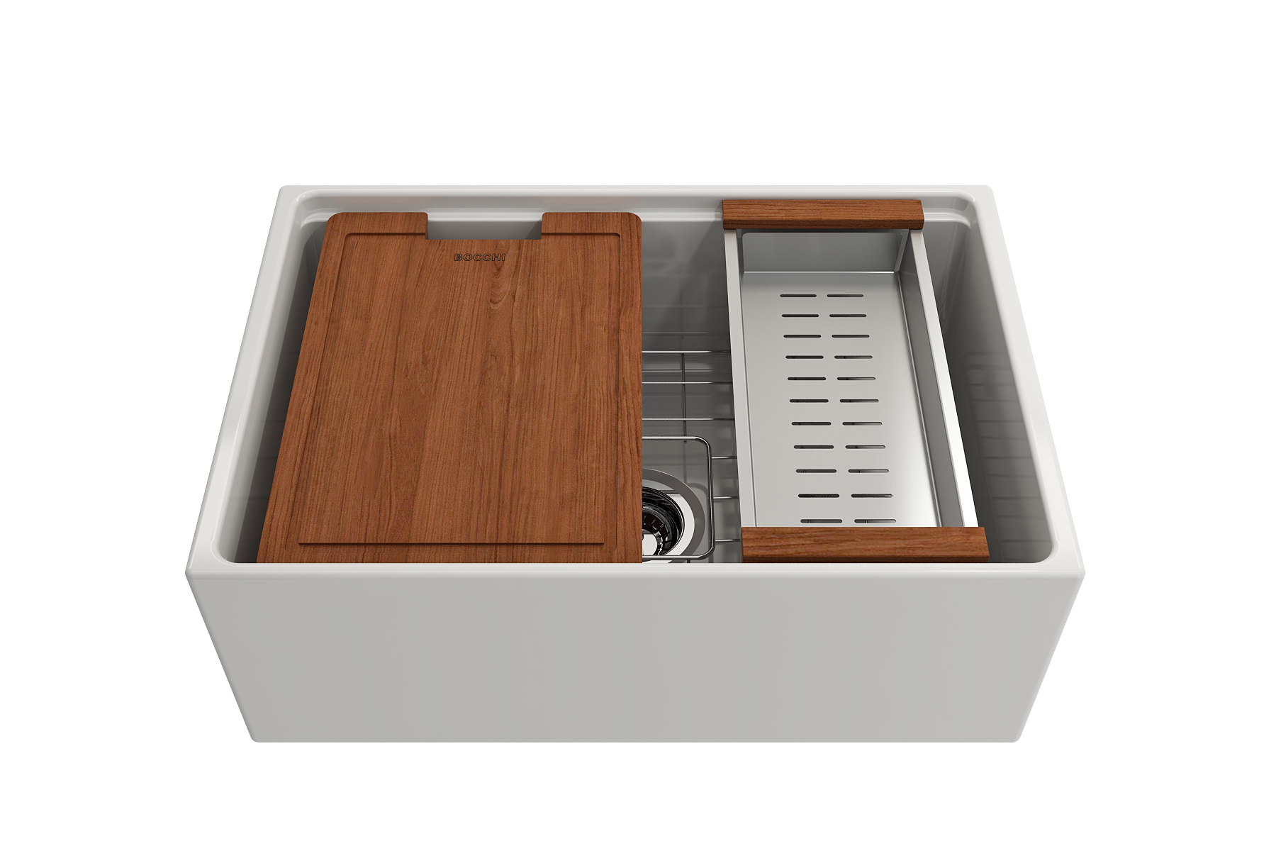 Contempo Step-Rim Apron Front Fireclay 27 in. Single Bowl Kitchen Sink with Integrated Work Station & Accessories 1628
